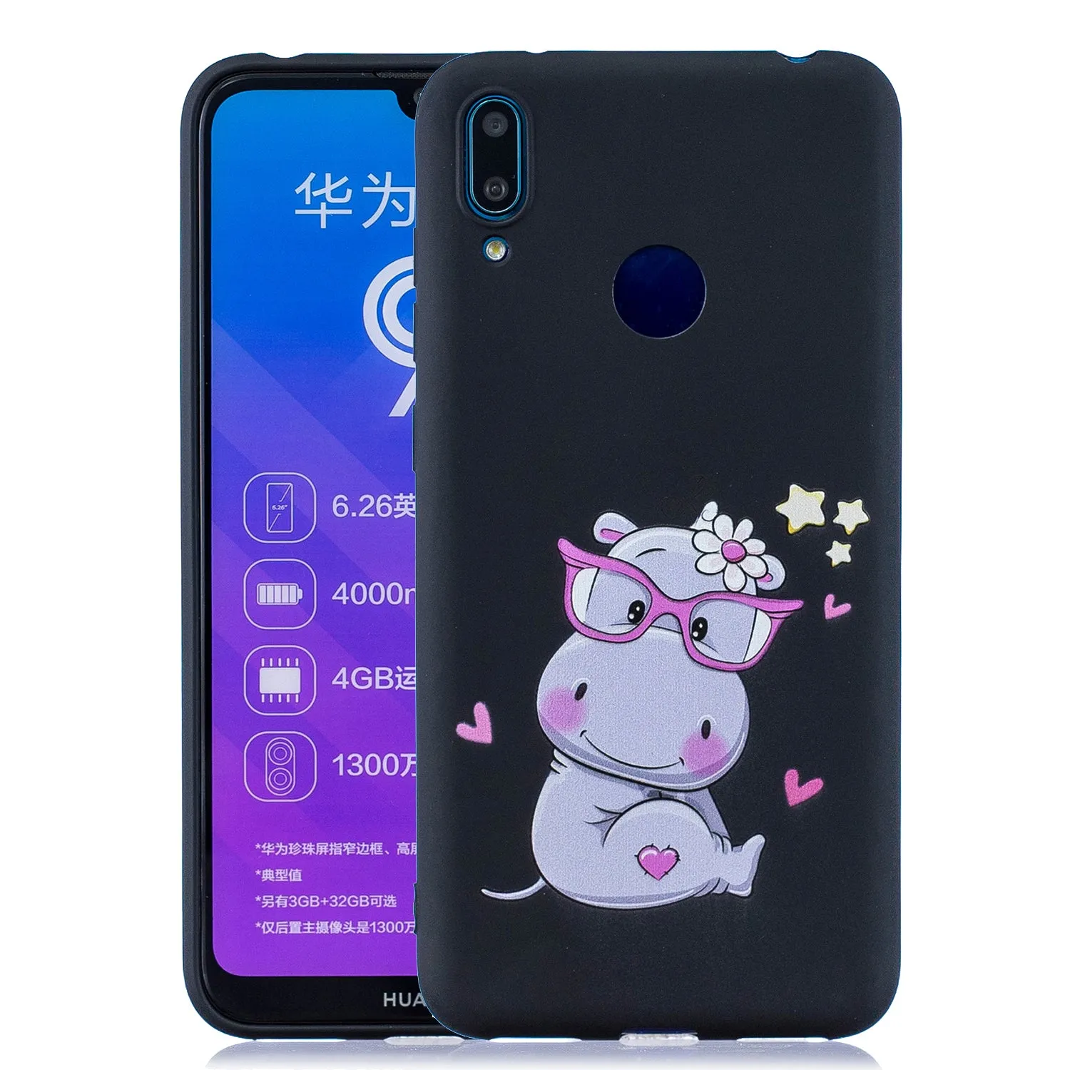 For HUAWEI Y7 2019 Cute Coloured Painted TPU Anti-scratch Non-slip Protective Cover Back Case with Lanyard Rose red