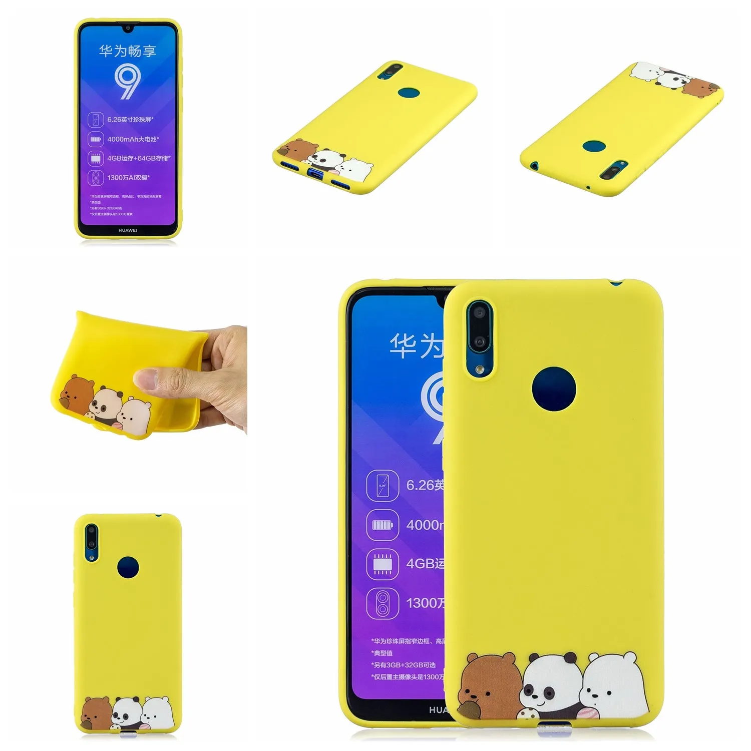 For HUAWEI Y7 2019 Cute Coloured Painted TPU Anti-scratch Non-slip Protective Cover Back Case with Lanyard yellow