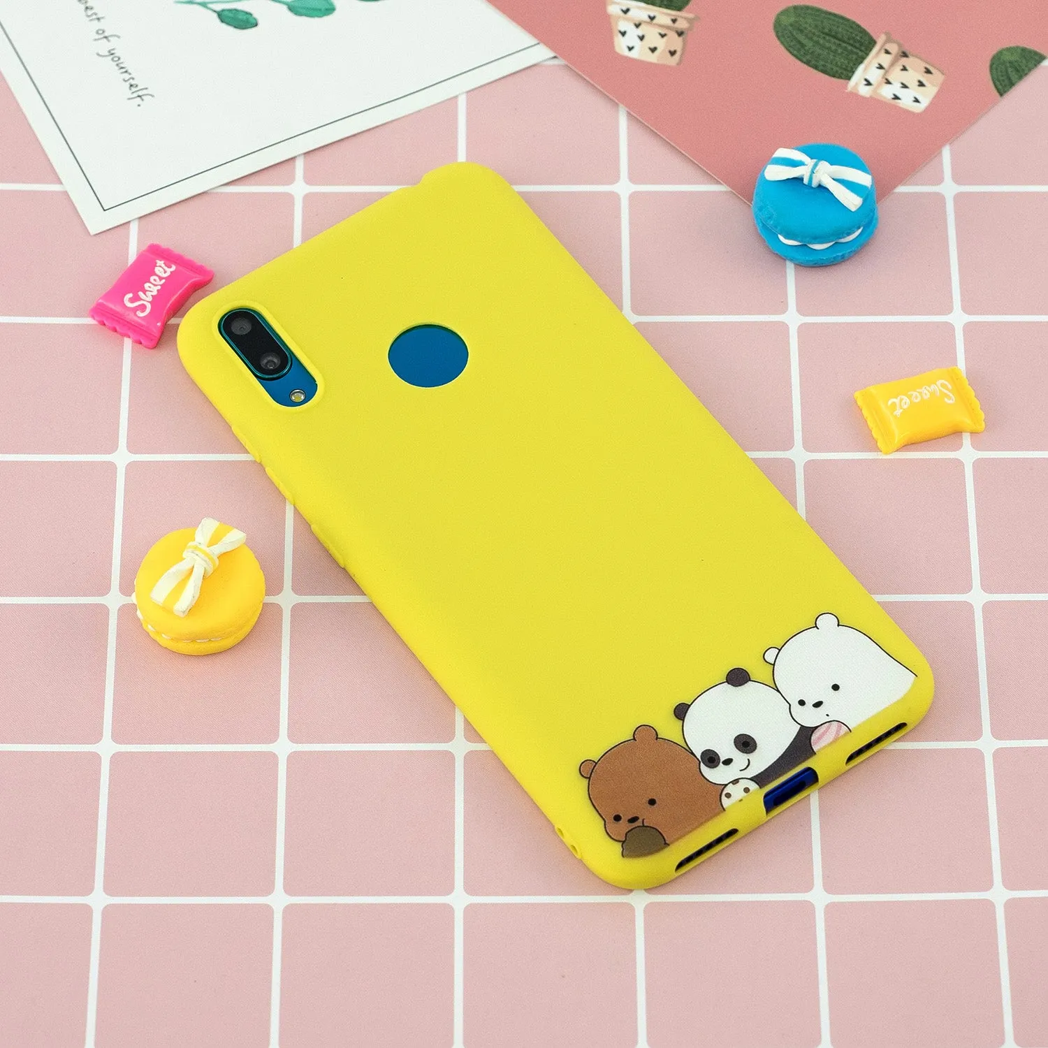 For HUAWEI Y7 2019 Cute Coloured Painted TPU Anti-scratch Non-slip Protective Cover Back Case with Lanyard yellow