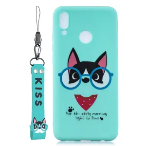 For HUAWEI Y9 2019 Cartoon Lovely Coloured Painted Soft TPU Back Cover Non-slip Shockproof Full Protective Case with Lanyard Light blue