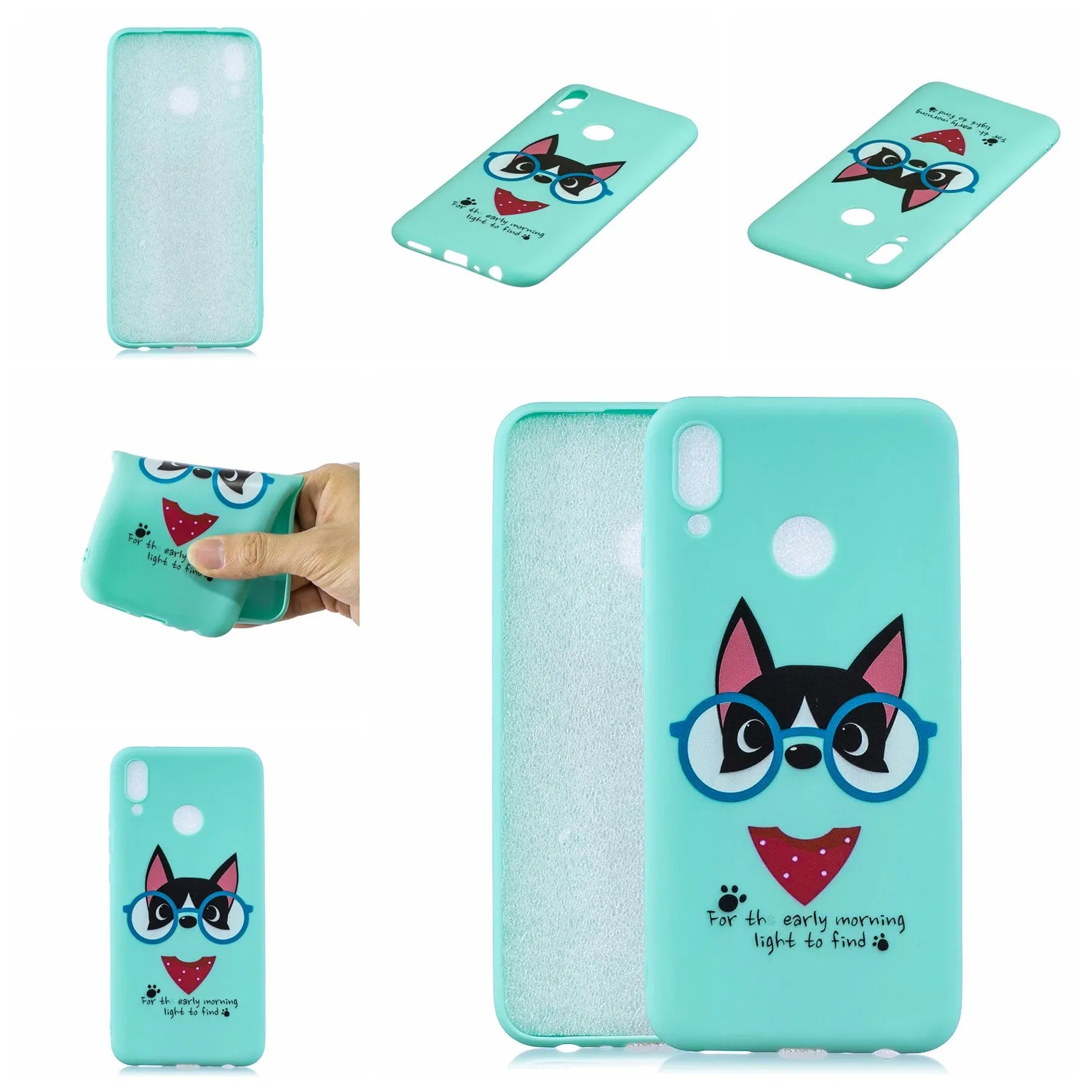 For HUAWEI Y9 2019 Cartoon Lovely Coloured Painted Soft TPU Back Cover Non-slip Shockproof Full Protective Case with Lanyard Light blue