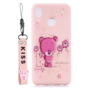For HUAWEI Y9 2019 Cartoon Lovely Coloured Painted Soft TPU Back Cover Non-slip Shockproof Full Protective Case with Lanyard Light pink