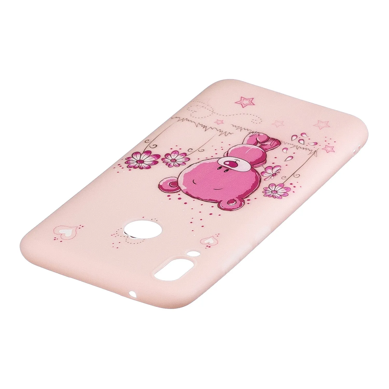 For HUAWEI Y9 2019 Cartoon Lovely Coloured Painted Soft TPU Back Cover Non-slip Shockproof Full Protective Case with Lanyard Light pink