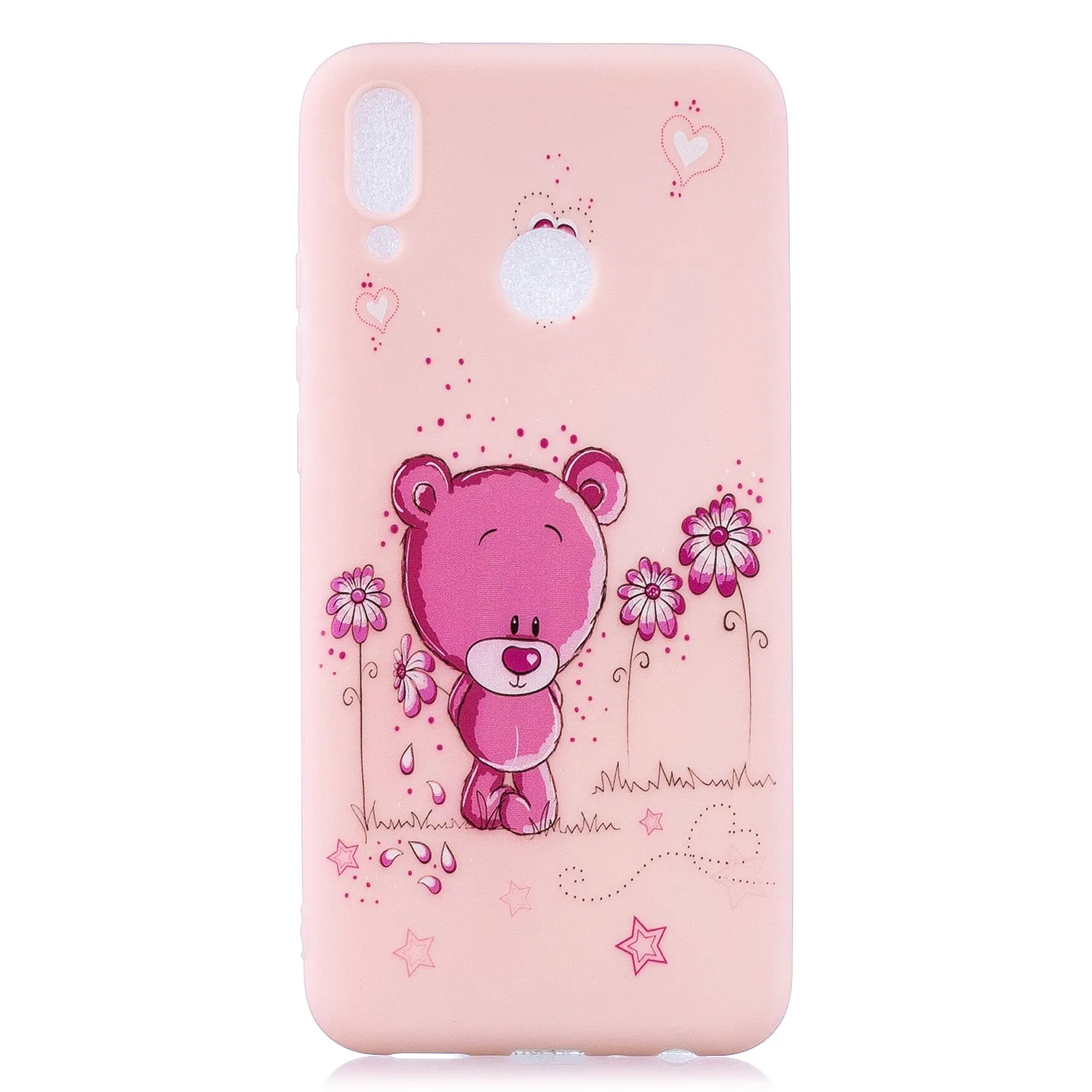 For HUAWEI Y9 2019 Cartoon Lovely Coloured Painted Soft TPU Back Cover Non-slip Shockproof Full Protective Case with Lanyard Light pink