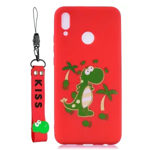 For HUAWEI Y9 2019 Cartoon Lovely Coloured Painted Soft TPU Back Cover Non-slip Shockproof Full Protective Case with Lanyard red