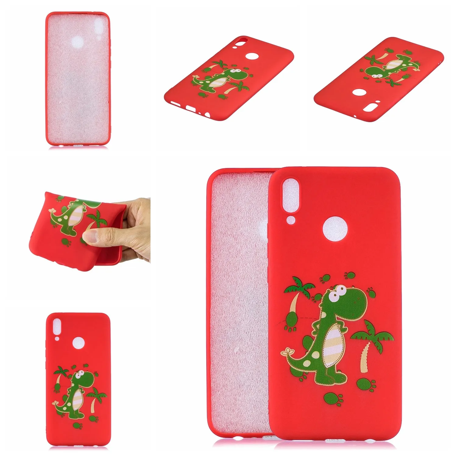 For HUAWEI Y9 2019 Cartoon Lovely Coloured Painted Soft TPU Back Cover Non-slip Shockproof Full Protective Case with Lanyard red