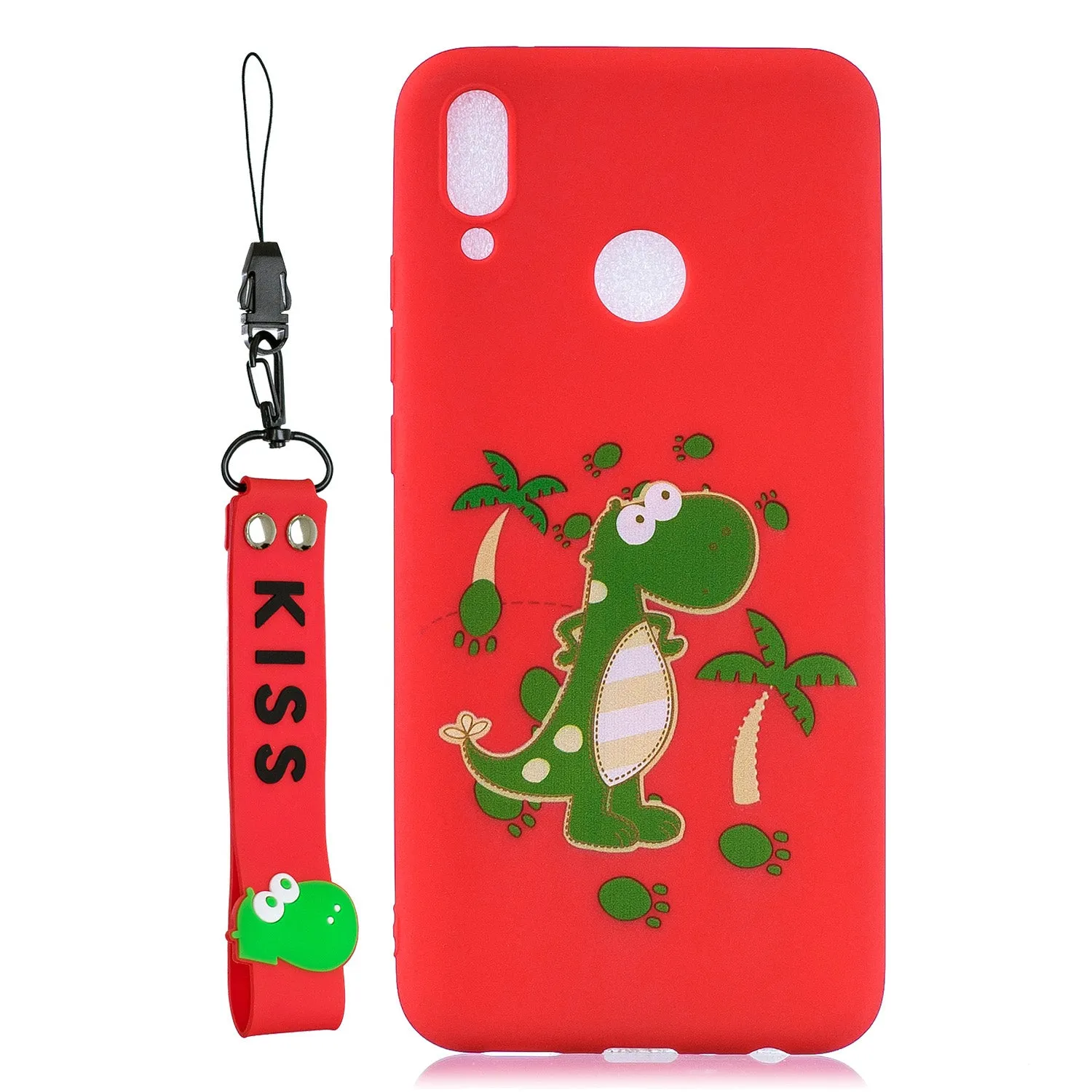 For HUAWEI Y9 2019 Cartoon Lovely Coloured Painted Soft TPU Back Cover Non-slip Shockproof Full Protective Case with Lanyard red