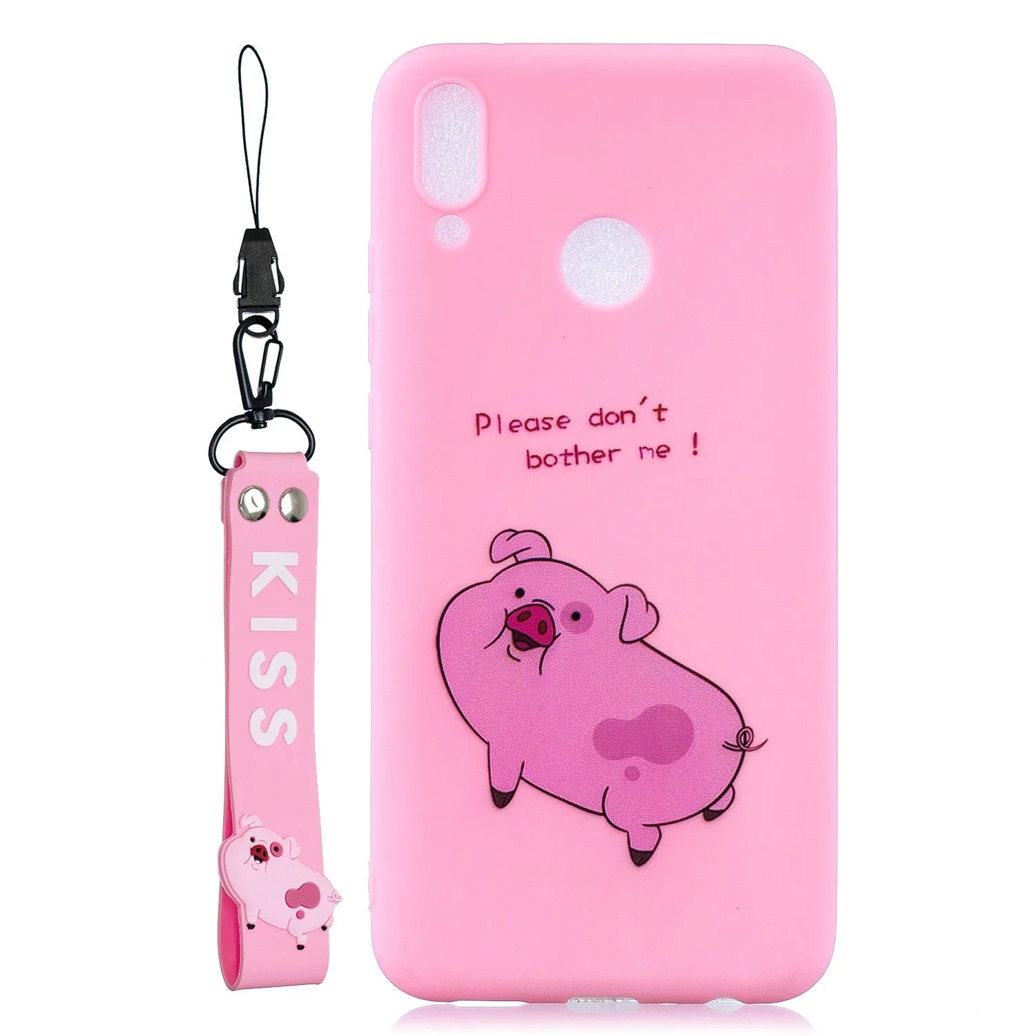 For HUAWEI Y9 2019 Cartoon Lovely Coloured Painted Soft TPU Back Cover Non-slip Shockproof Full Protective Case with Lanyard Rose red