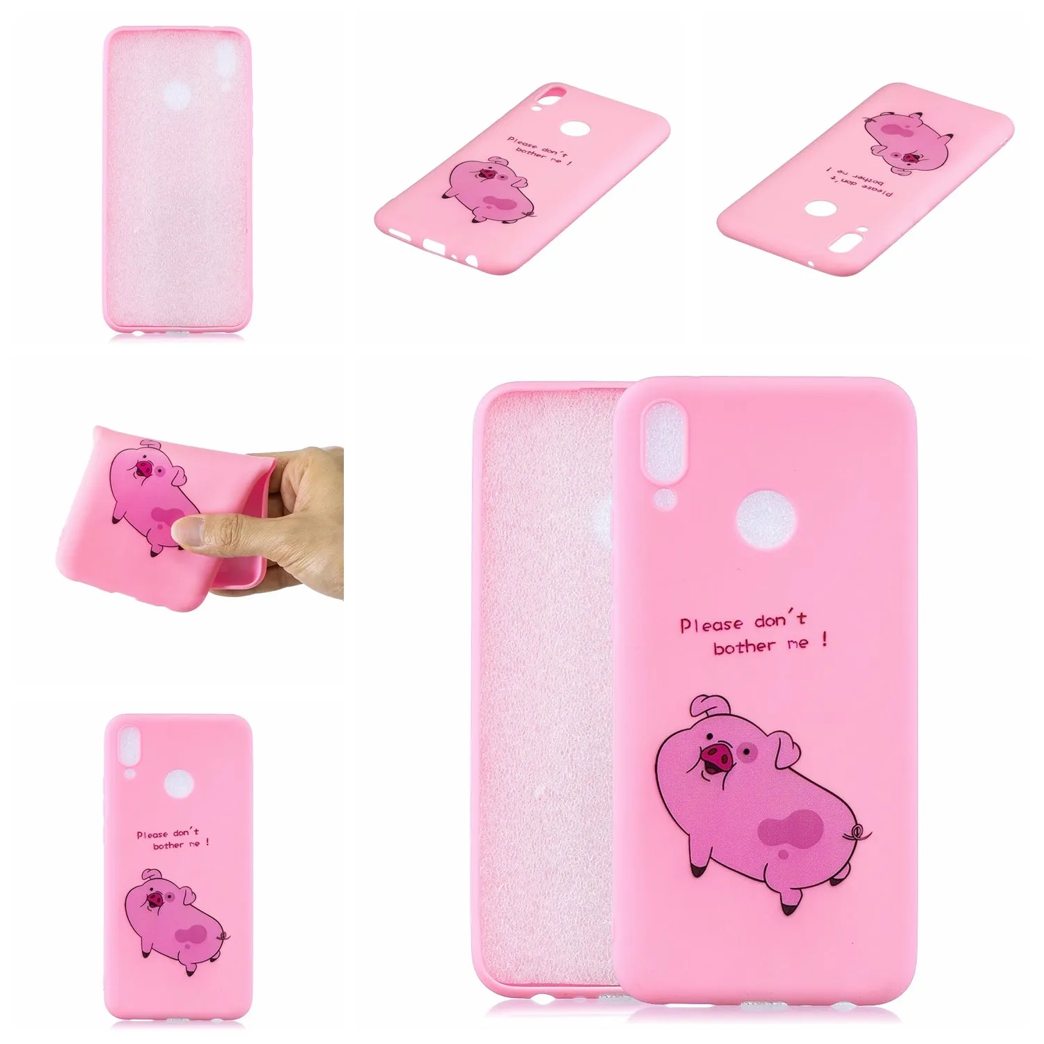 For HUAWEI Y9 2019 Cartoon Lovely Coloured Painted Soft TPU Back Cover Non-slip Shockproof Full Protective Case with Lanyard Rose red