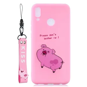 For HUAWEI Y9 2019 Cartoon Lovely Coloured Painted Soft TPU Back Cover Non-slip Shockproof Full Protective Case with Lanyard Rose red