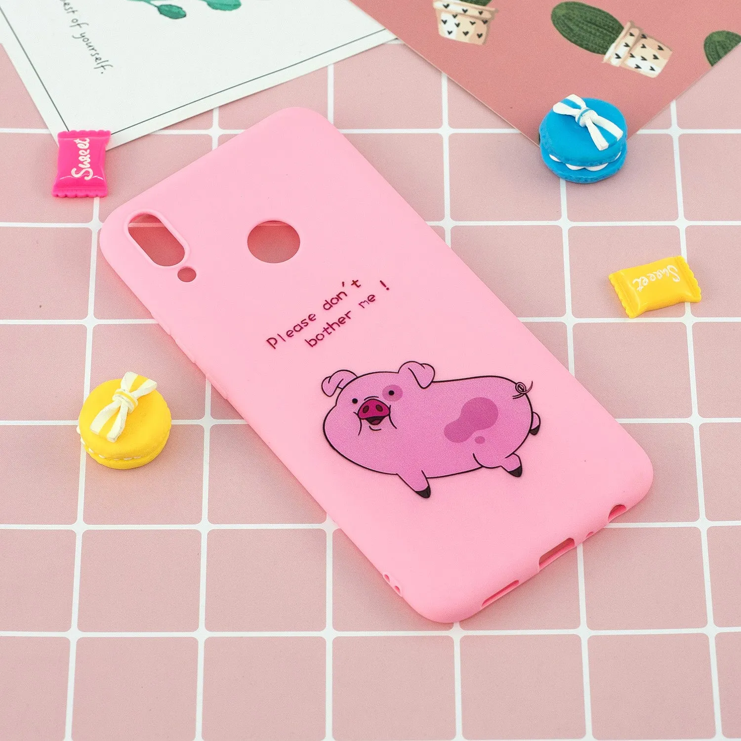 For HUAWEI Y9 2019 Cartoon Lovely Coloured Painted Soft TPU Back Cover Non-slip Shockproof Full Protective Case with Lanyard Rose red