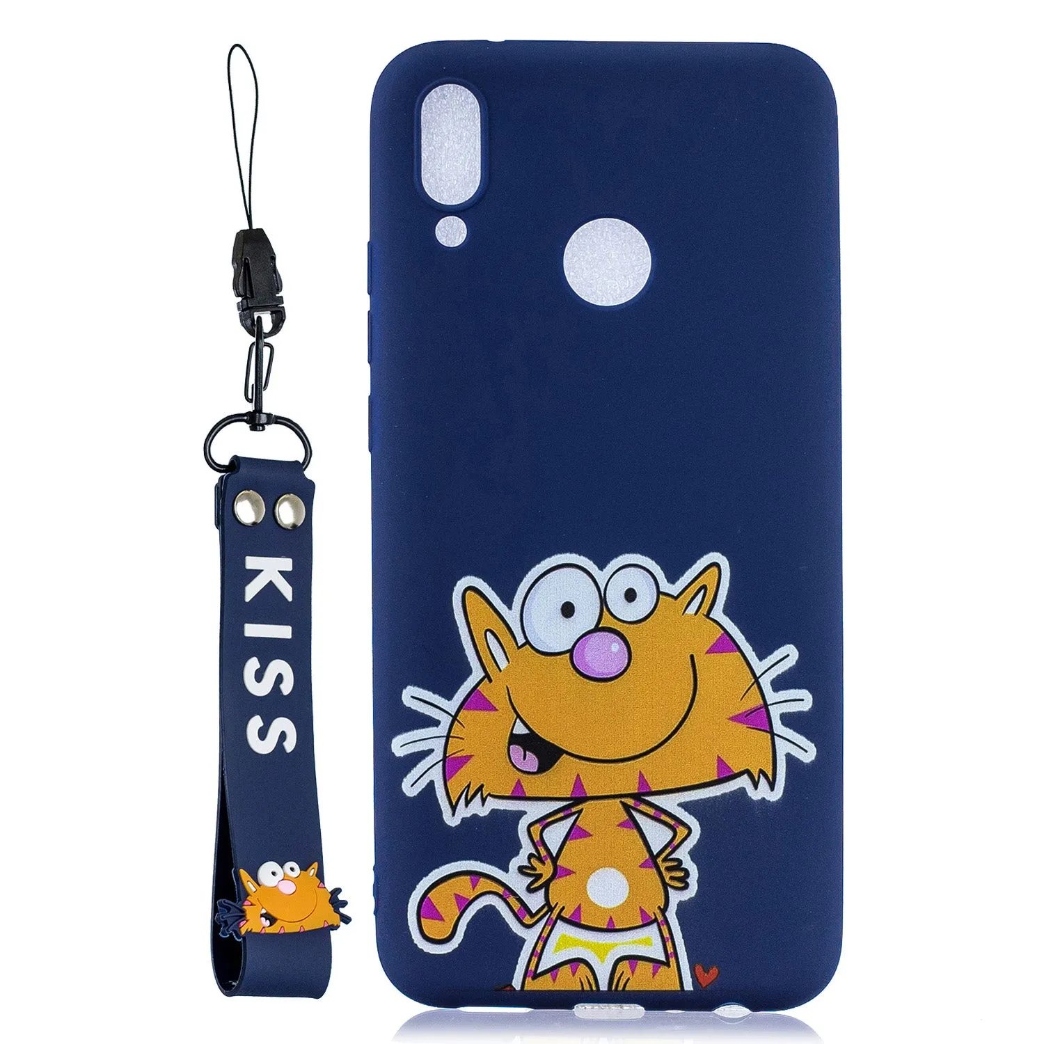 For HUAWEI Y9 2019 Cartoon Lovely Coloured Painted Soft TPU Back Cover Non-slip Shockproof Full Protective Case with Lanyard sapphire