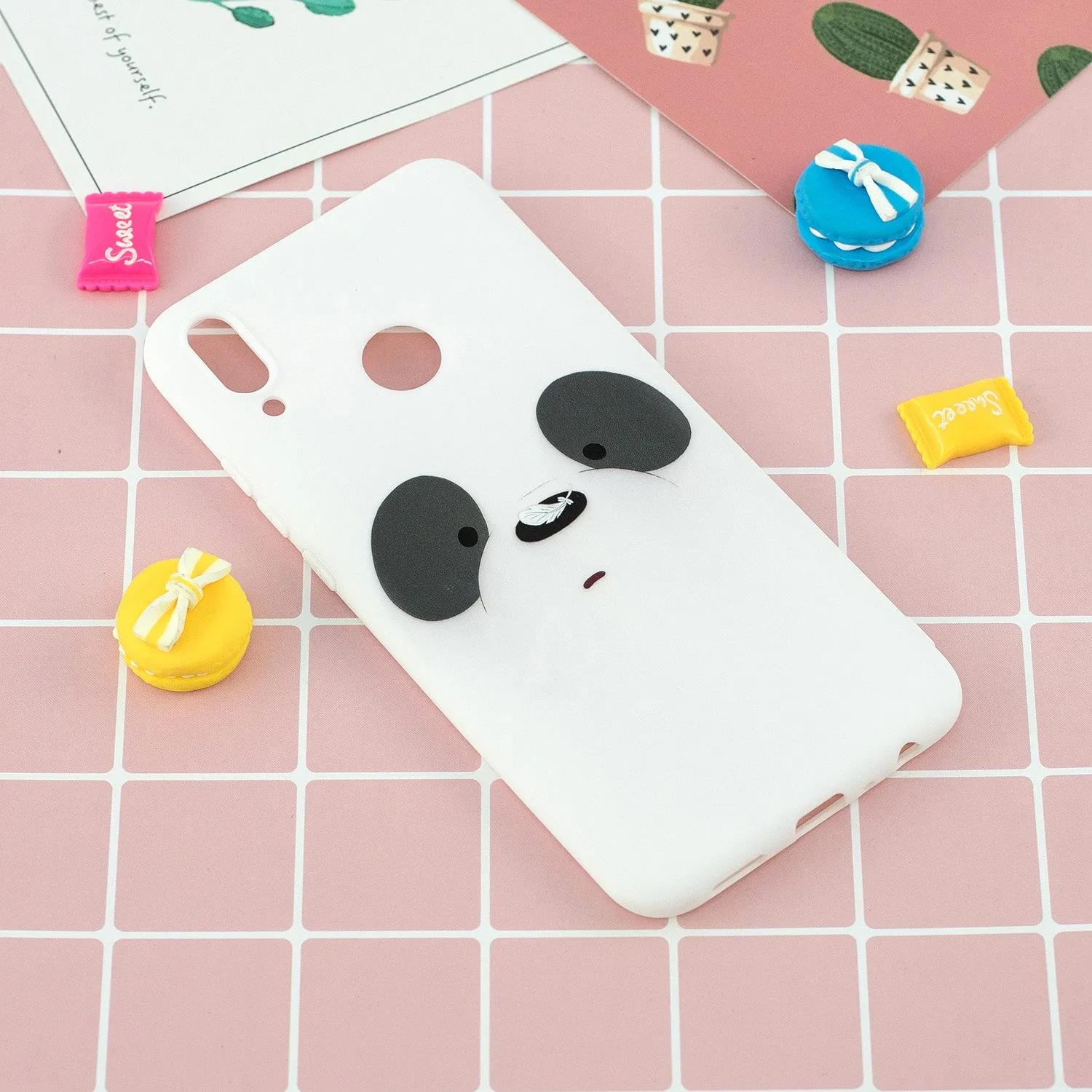 For HUAWEI Y9 2019 Cartoon Lovely Coloured Painted Soft TPU Back Cover Non-slip Shockproof Full Protective Case with Lanyard white