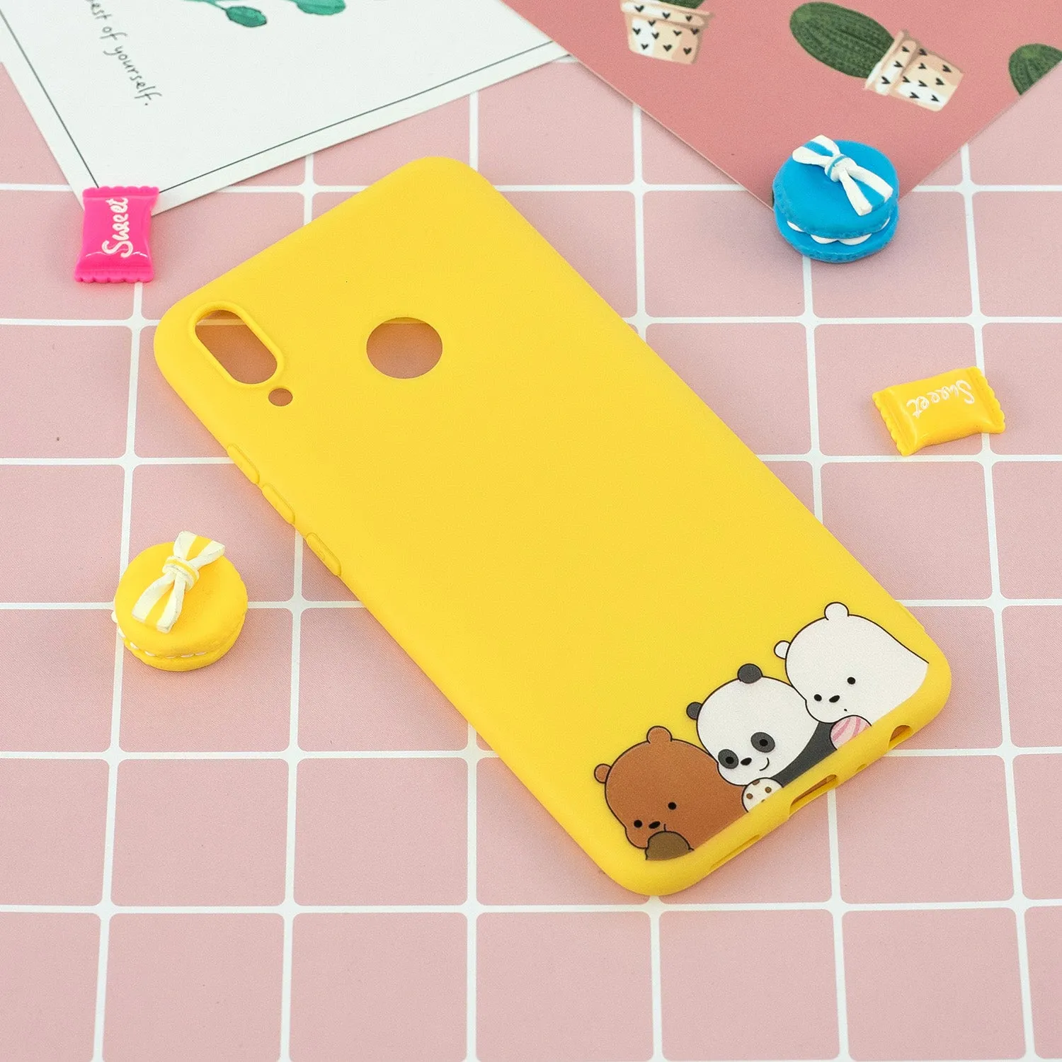 For HUAWEI Y9 2019 Cartoon Lovely Coloured Painted Soft TPU Back Cover Non-slip Shockproof Full Protective Case with Lanyard yellow