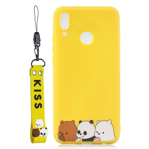 For HUAWEI Y9 2019 Cartoon Lovely Coloured Painted Soft TPU Back Cover Non-slip Shockproof Full Protective Case with Lanyard yellow