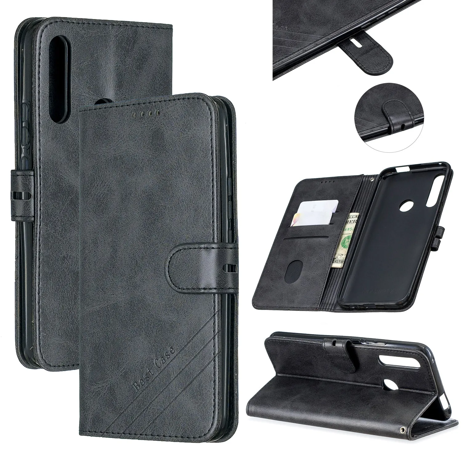 For HUAWEI Y9 Prime 2019-P Smart Z Solid Color Denim Grain Front Buckle Mobile Phone Cover Bracket black
