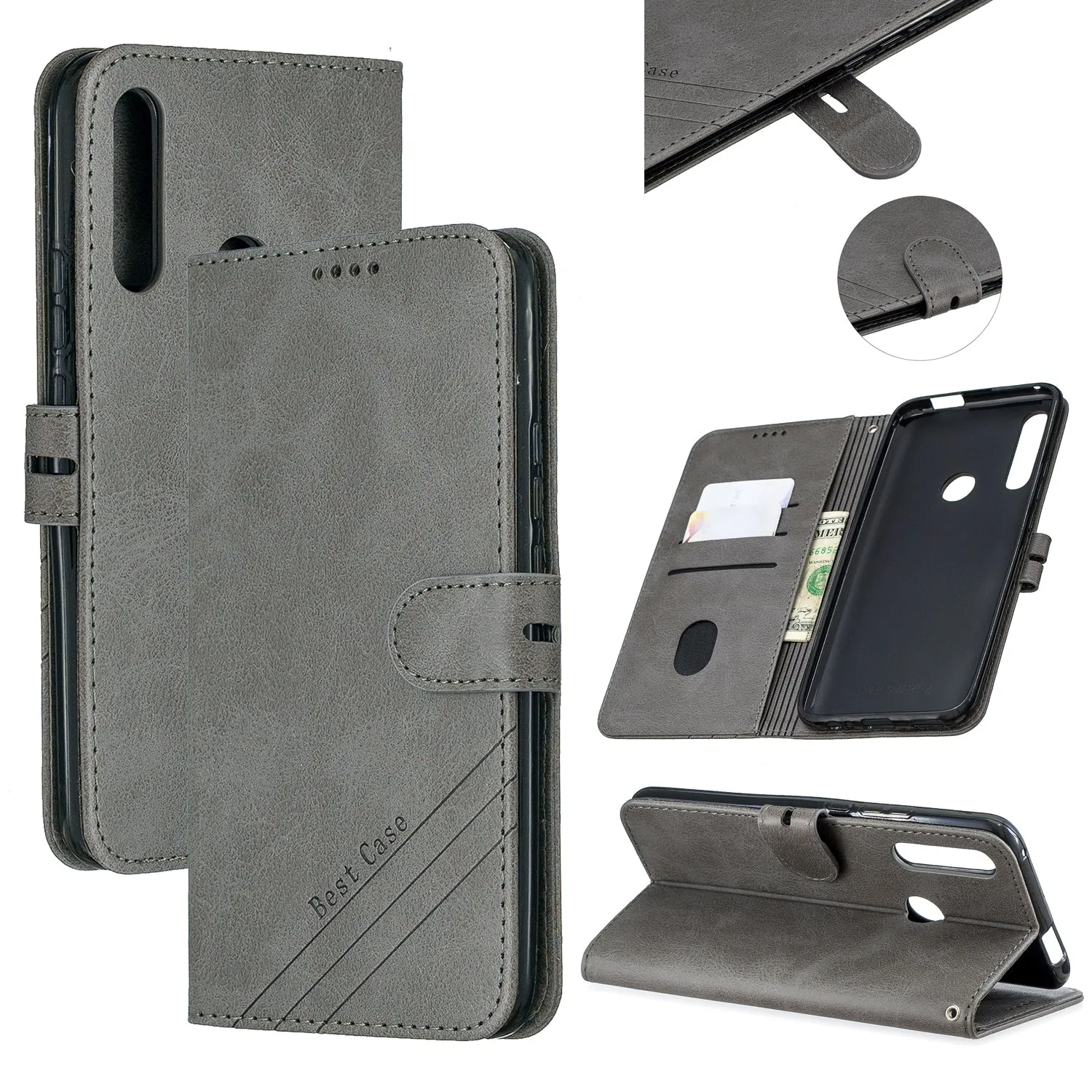 For HUAWEI Y9 Prime 2019-P Smart Z Solid Color Denim Grain Front Buckle Mobile Phone Cover Bracket gray