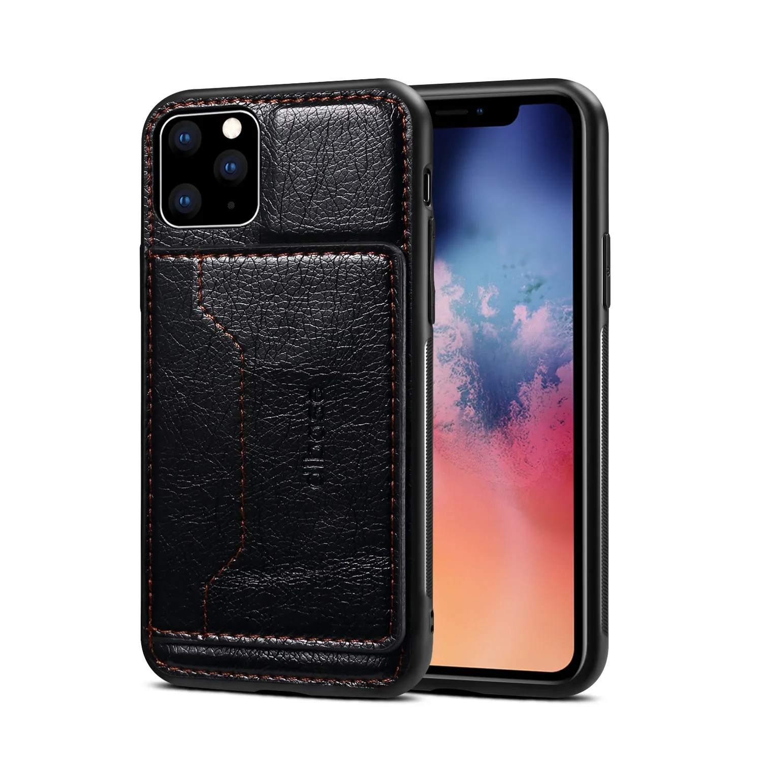 For iPhone 11/11 Pro/11 Pro Max Cellphone Smart Shell 2-in-1 Textured PU Leather Shock-Absorption Anti-Fall Card Holder Stand Function Phone Cover black