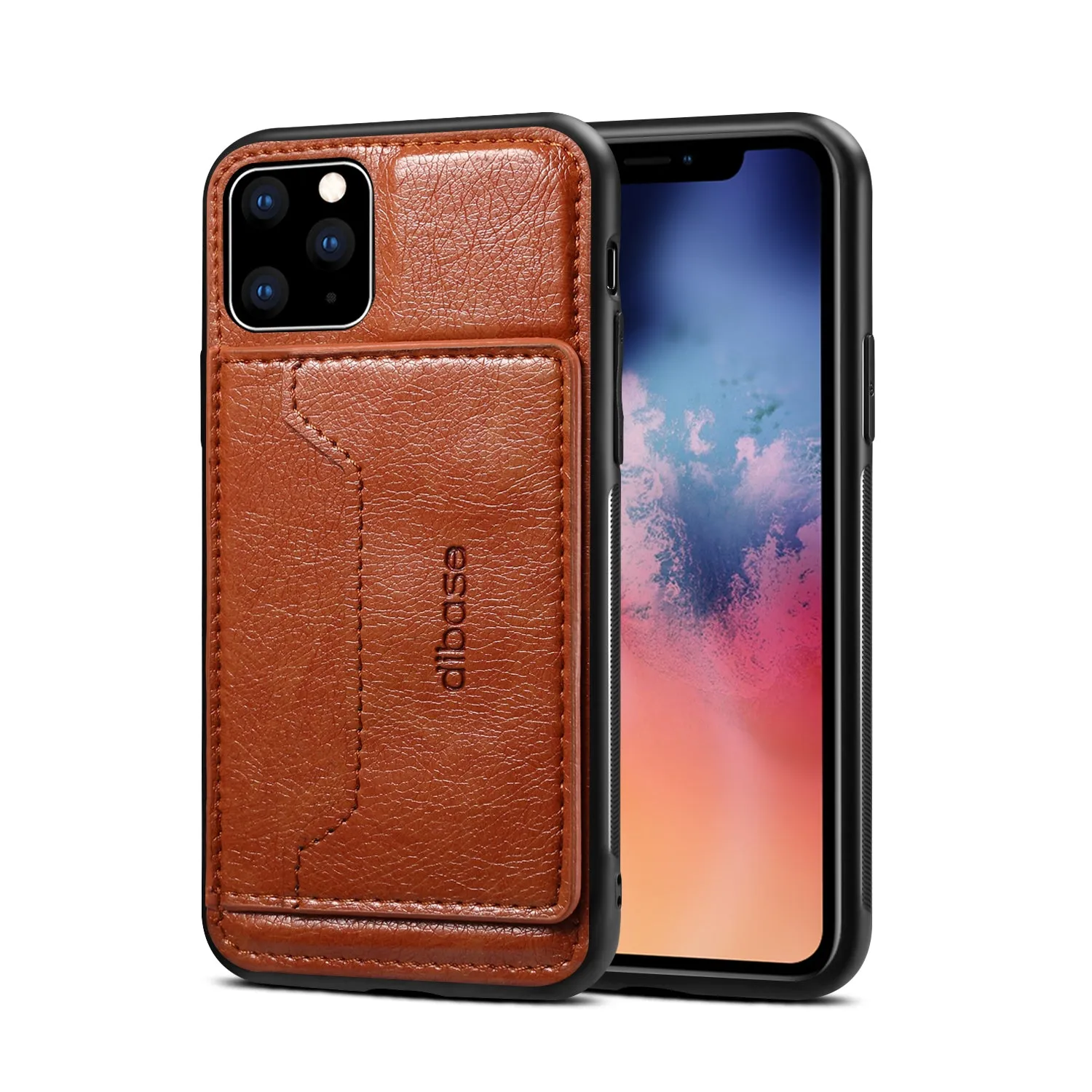 For iPhone 11/11 Pro/11 Pro Max Cellphone Smart Shell 2-in-1 Textured PU Leather Shock-Absorption Anti-Fall Card Holder Stand Function Phone Cover red