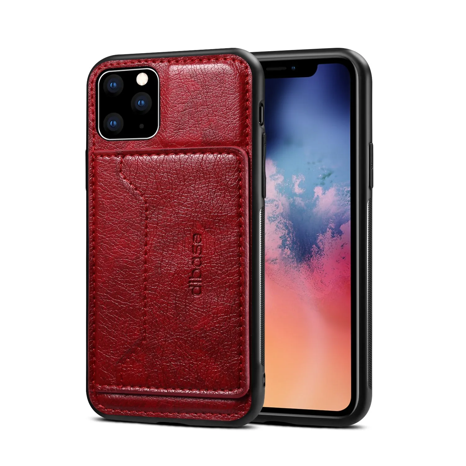 For iPhone 11/11 Pro/11 Pro Max Cellphone Smart Shell 2-in-1 Textured PU Leather Shock-Absorption Anti-Fall Card Holder Stand Function Phone Cover red