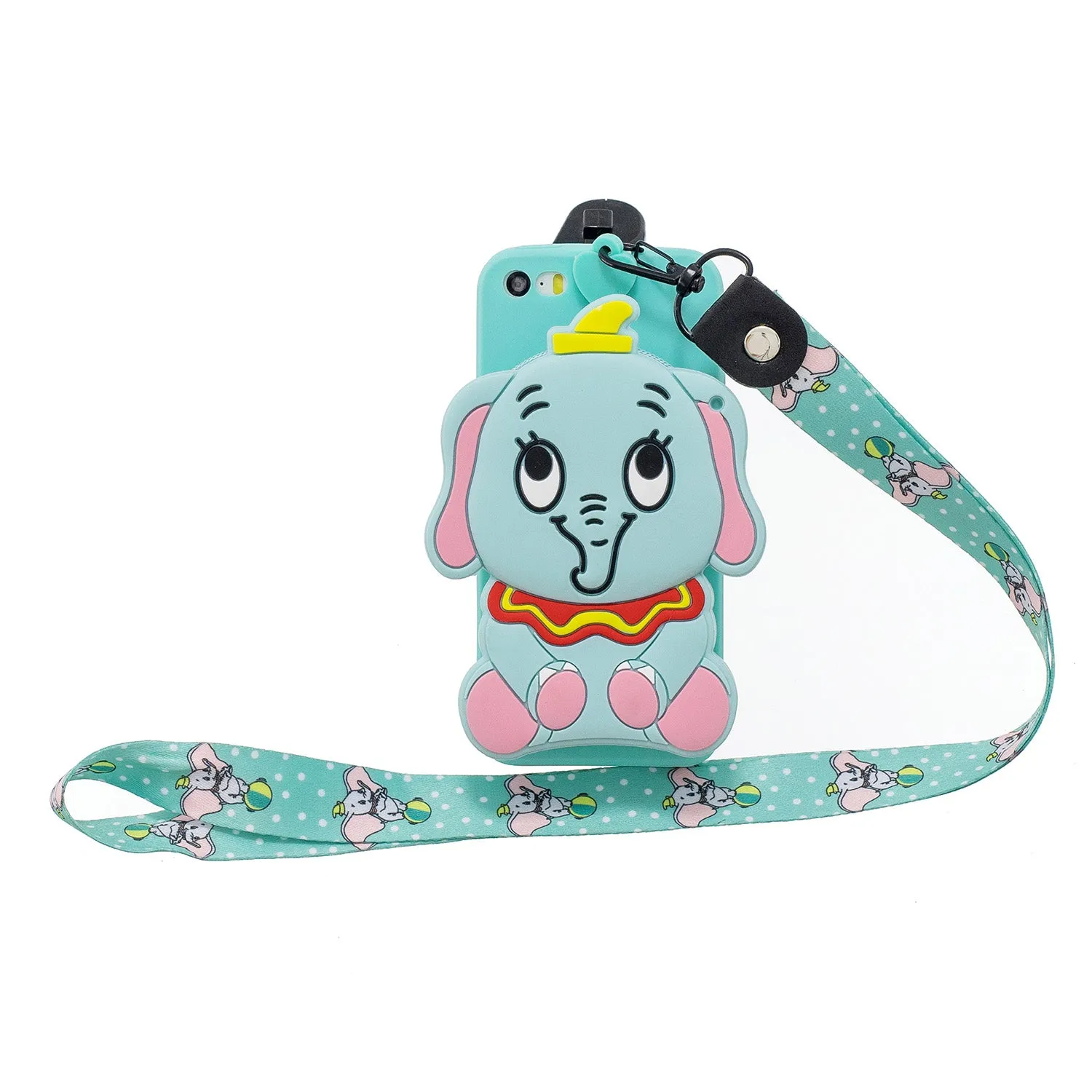For Iphone 5 / 5S / SE Cartoon Hanging Lanyard   Fall Resistant Cartoon TPU Full Protective Mobile Phone Cover with Coin Purse 2 light blue elephant