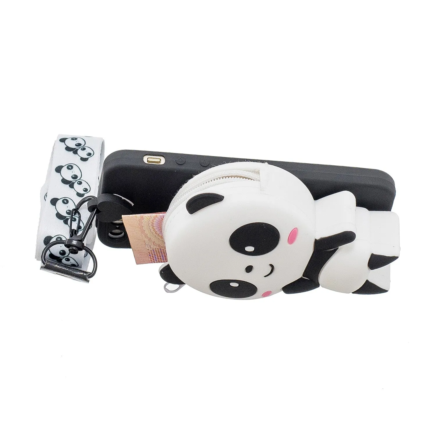 For Iphone 5 / 5S / SE Cartoon Hanging Lanyard   Fall Resistant Cartoon TPU Full Protective Mobile Phone Cover with Coin Purse 4 black pandas