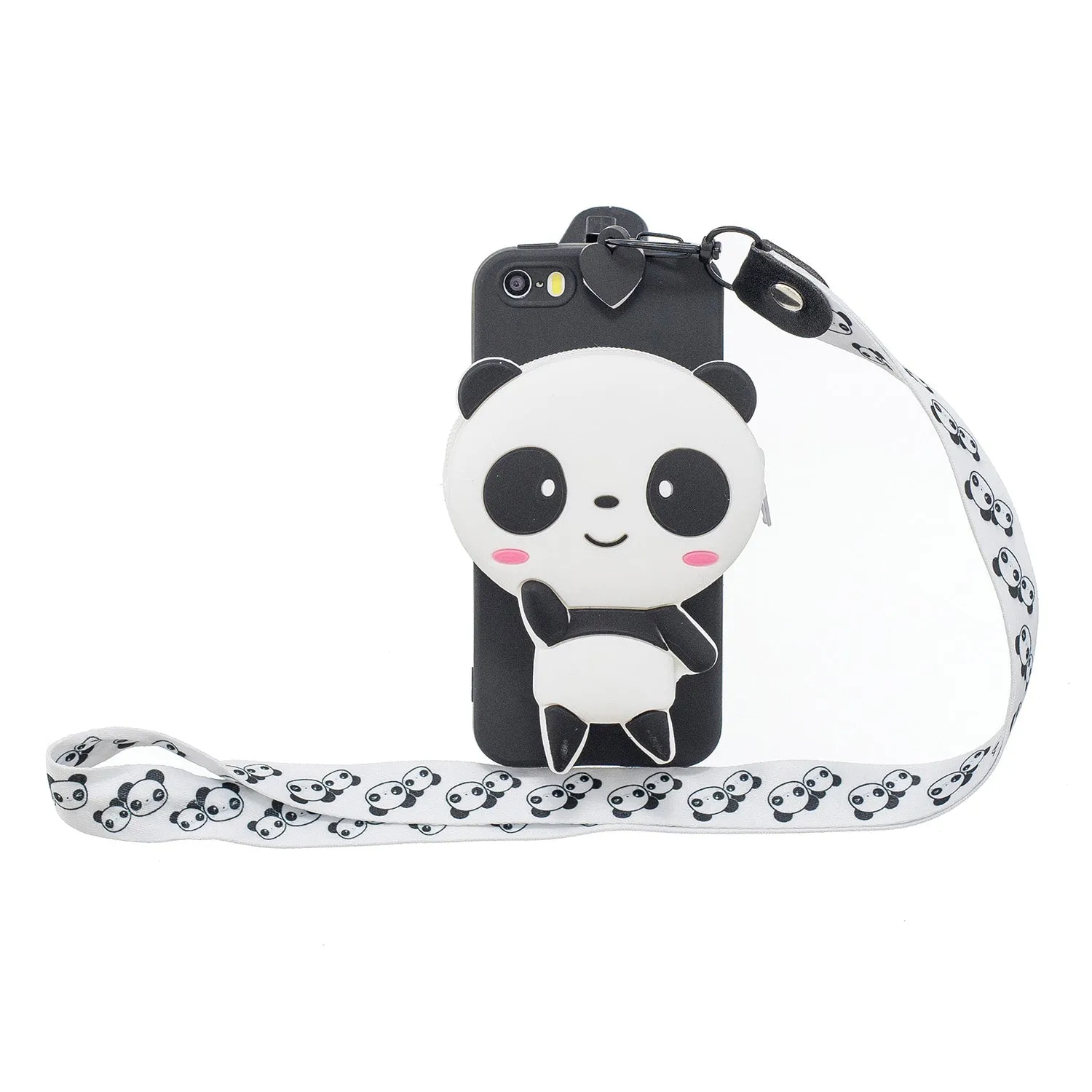 For Iphone 5 / 5S / SE Cartoon Hanging Lanyard   Fall Resistant Cartoon TPU Full Protective Mobile Phone Cover with Coin Purse 4 black pandas