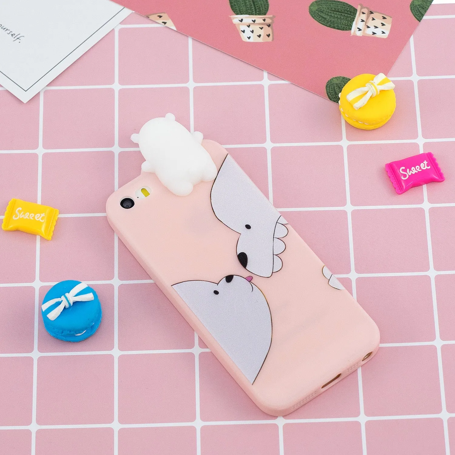 For iPhone 5/5S/SE 3D Cartoon Lovely Coloured Painted Soft TPU Back Cover Non-slip Shockproof Full Protective Case Big white bear