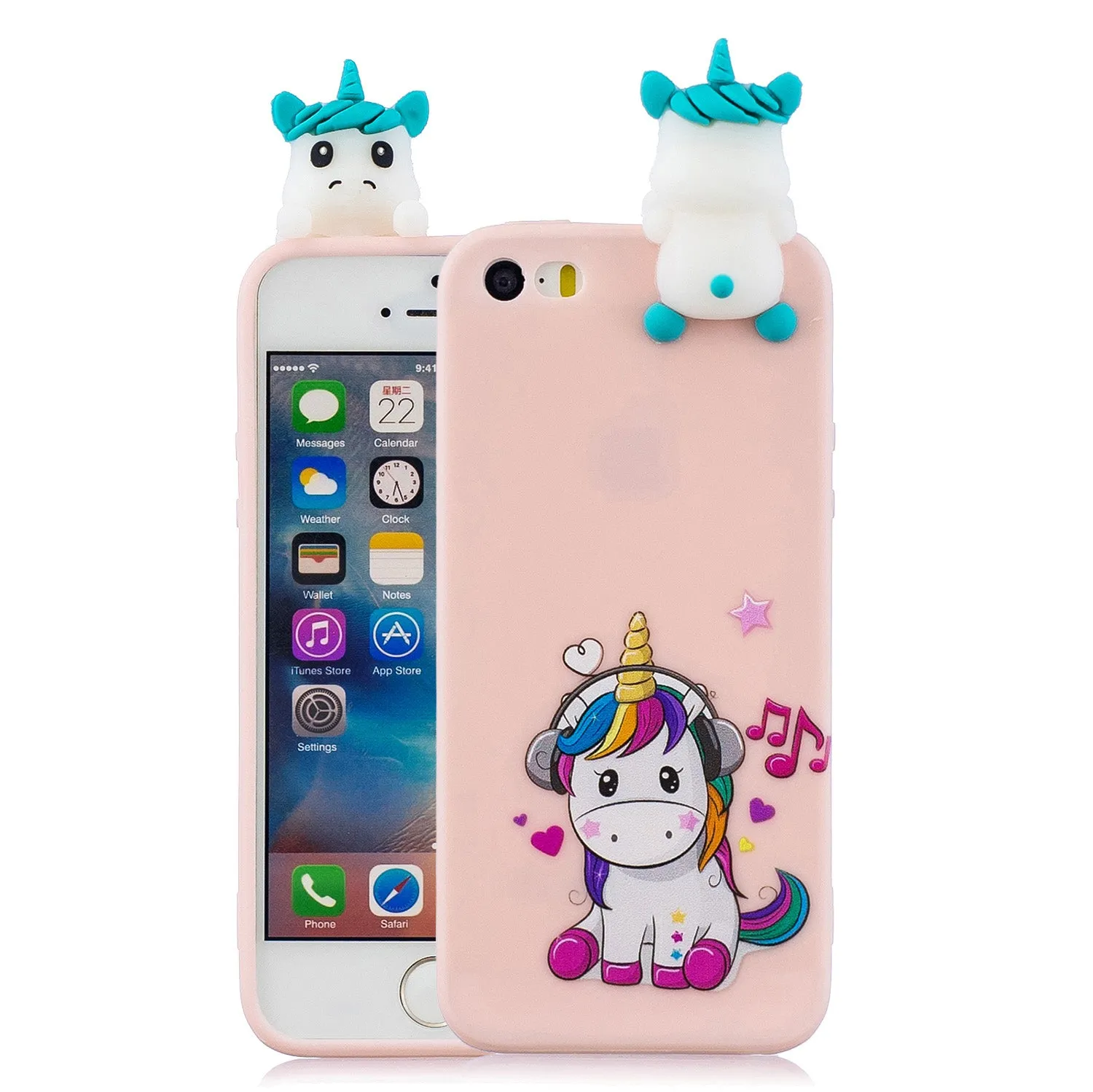 For iPhone 5/5S/SE 3D Cartoon Lovely Coloured Painted Soft TPU Back Cover Non-slip Shockproof Full Protective Case Music unicorn
