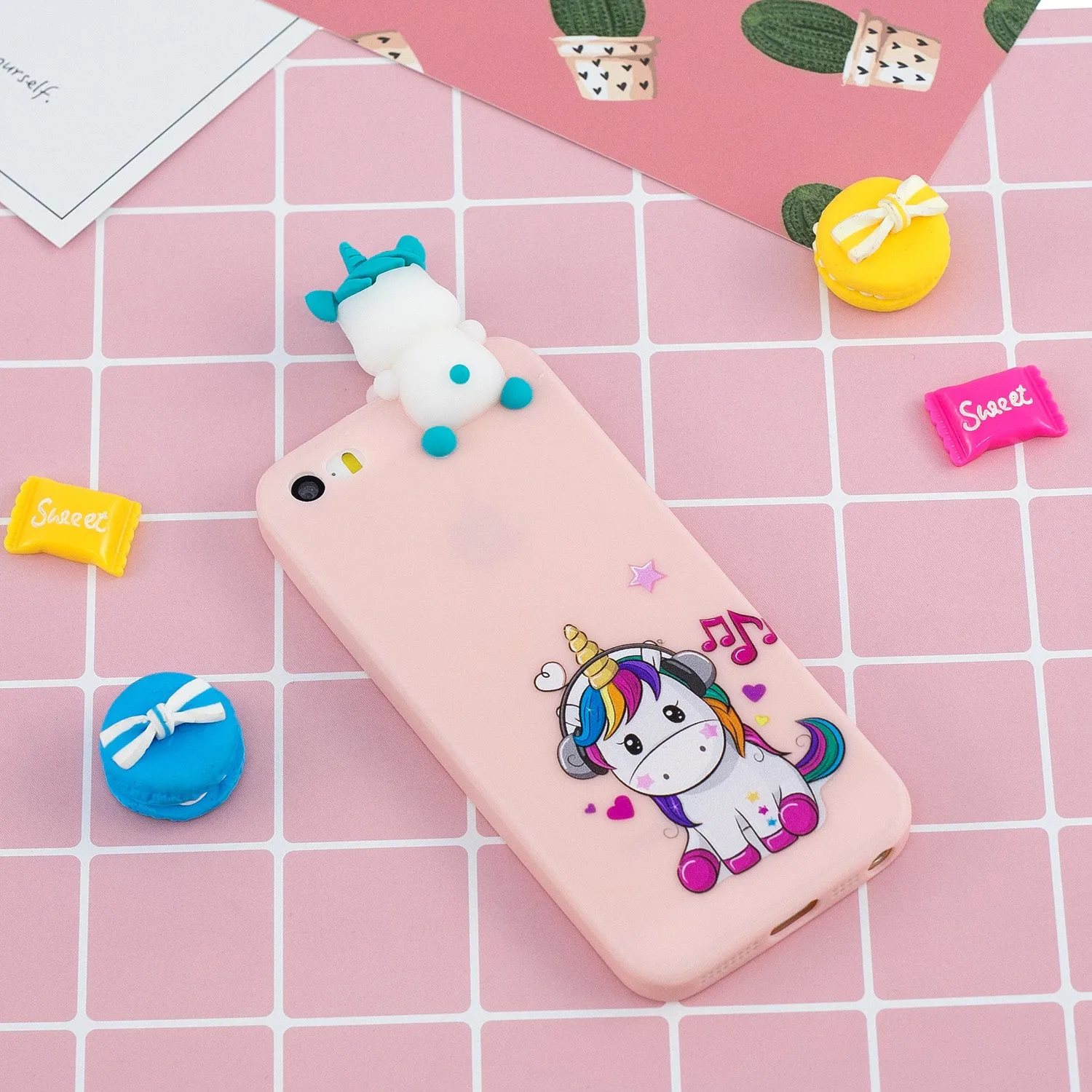For iPhone 5/5S/SE 3D Cartoon Lovely Coloured Painted Soft TPU Back Cover Non-slip Shockproof Full Protective Case Music unicorn
