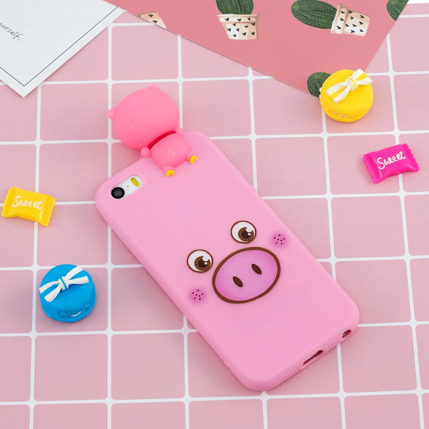 For iPhone 5/5S/SE 3D Cartoon Lovely Coloured Painted Soft TPU Back Cover Non-slip Shockproof Full Protective Case Small pink pig