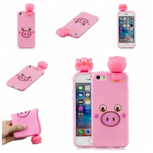 For iPhone 5/5S/SE 3D Cartoon Lovely Coloured Painted Soft TPU Back Cover Non-slip Shockproof Full Protective Case Small pink pig