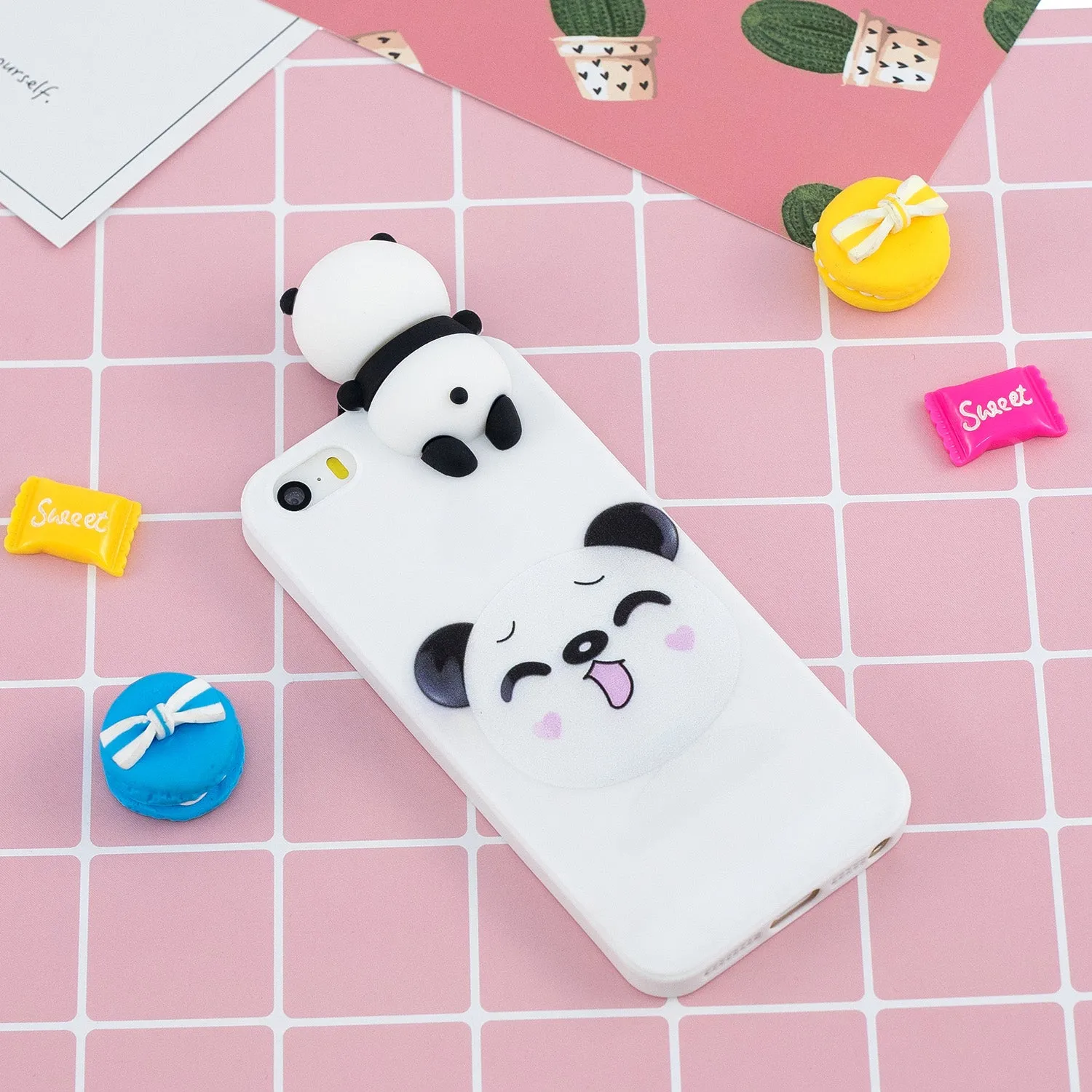 For iPhone 5/5S/SE 3D Cartoon Lovely Coloured Painted Soft TPU Back Cover Non-slip Shockproof Full Protective Case Smiley panda