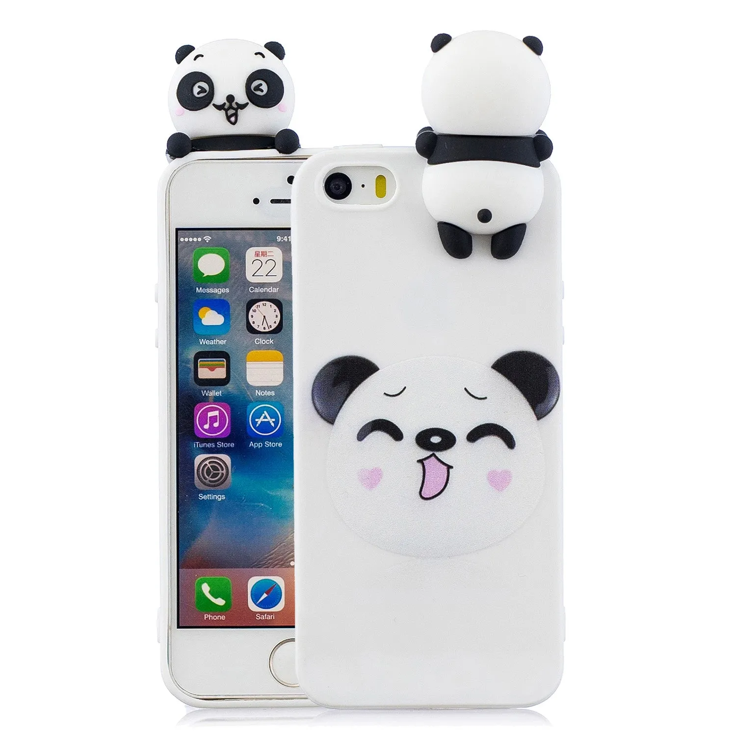 For iPhone 5/5S/SE 3D Cartoon Lovely Coloured Painted Soft TPU Back Cover Non-slip Shockproof Full Protective Case Smiley panda
