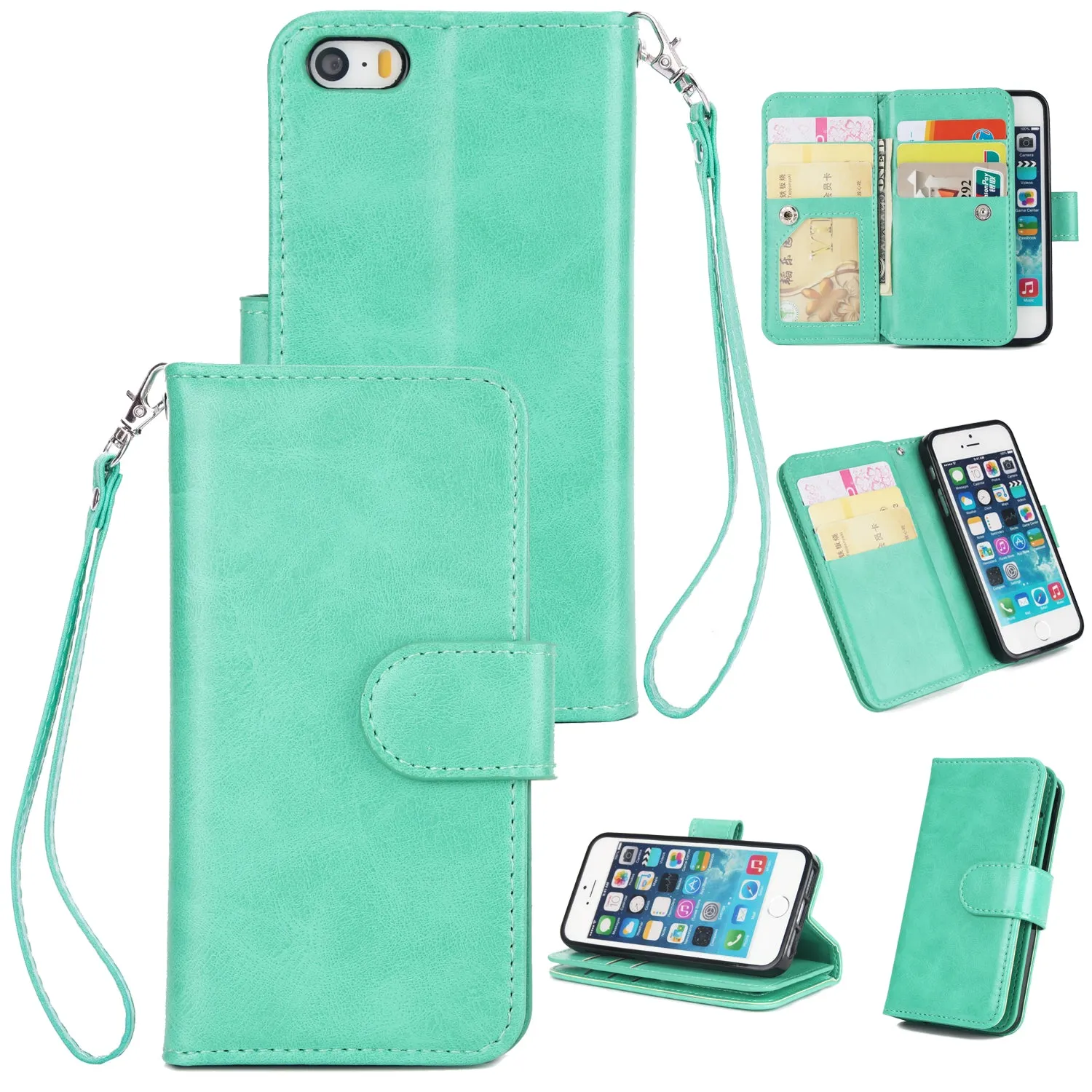 For iPhone 5/5S/SE PU Cell Phone Case Protective Leather Cover with Buckle & 9 Card Position & Lanyard & Bracket brown
