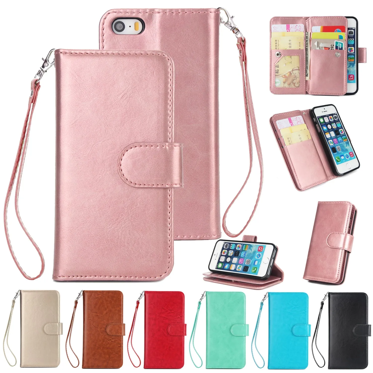 For iPhone 5/5S/SE PU Cell Phone Case Protective Leather Cover with Buckle & 9 Card Position & Lanyard & Bracket brown