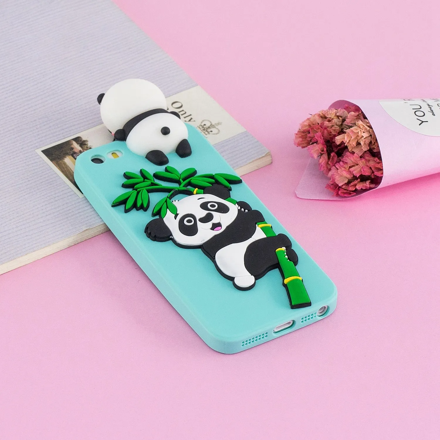 For iPhone 5/5S/SE/6/6S/6 Plus/6S Plus/7/8/7 Plus/8 Plus Phone Case 3D Cartoon Panda Bamboo Cellphone Back Shell Shockproof Smartphone Cover Light blue