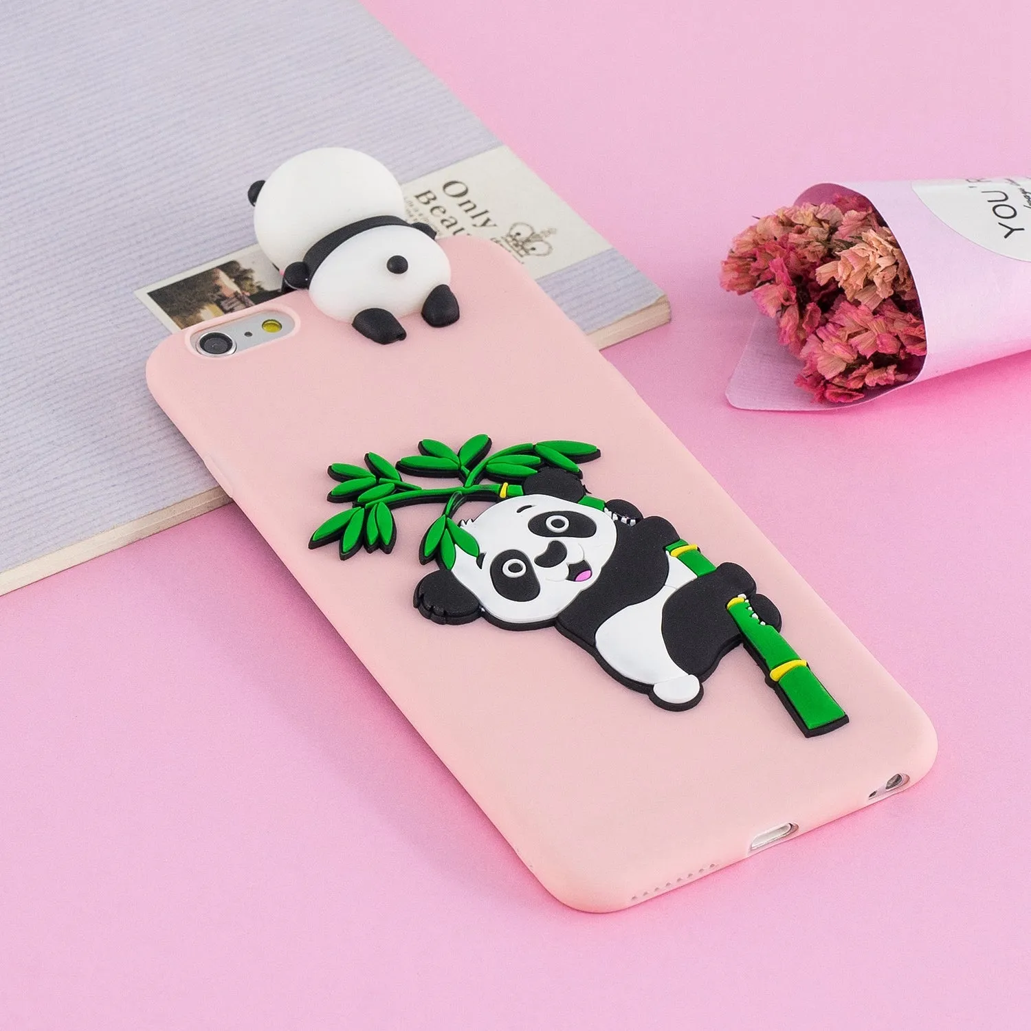For iPhone 5/5S/SE/6/6S/6 Plus/6S Plus/7/8/7 Plus/8 Plus Phone Case 3D Cartoon Panda Bamboo Cellphone Back Shell Shockproof Smartphone Cover Pink