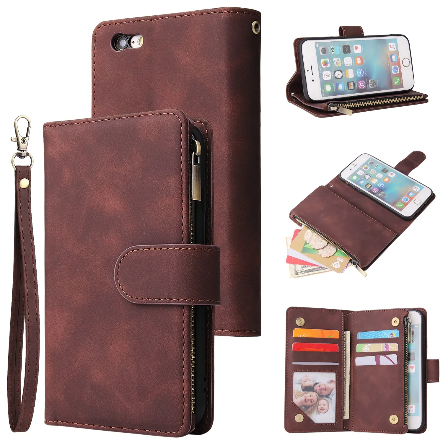 For iPhone 6 / 6S iPhone 6 plus / 6S plus iPhone 7 / 8 iPhone 7 plus / 8 plus Smart Phone Cover Coin Pocket with Cards Bracket Zipper Phone PU Leather Case Phone Cover  iPhone 6 plus / 6S plus