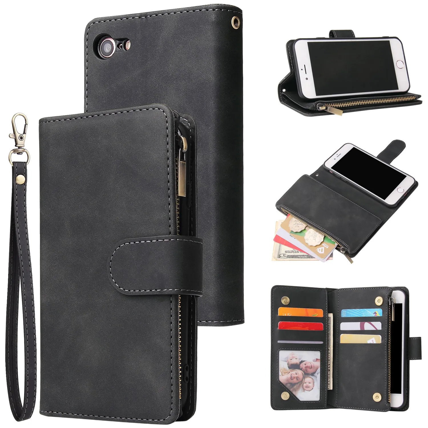 For iPhone 6 / 6S iPhone 6 plus / 6S plus iPhone 7 / 8 iPhone 7 plus / 8 plus Smart Phone Cover Coin Pocket with Cards Bracket Zipper Phone PU Leather Case Phone Cover  iPhone 7 / 8