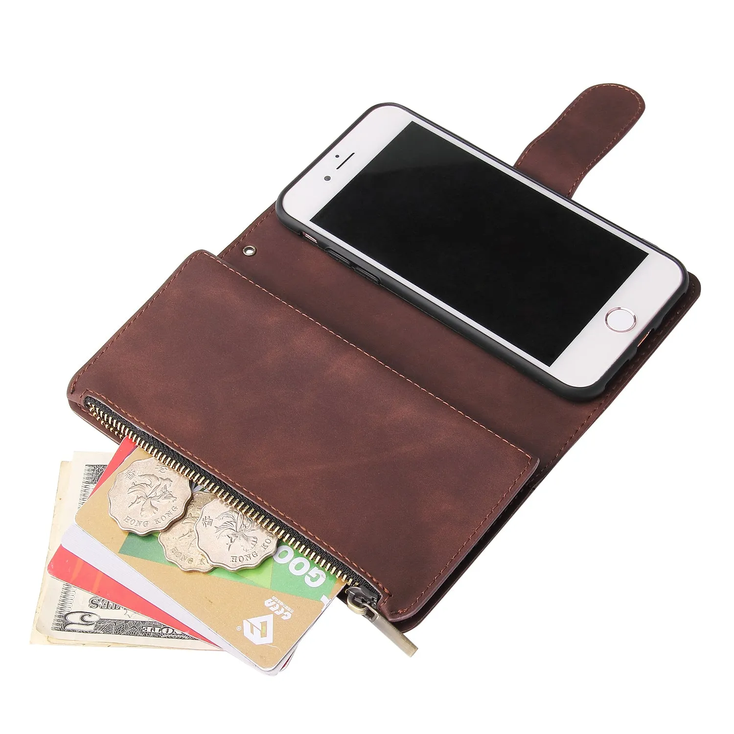 For iPhone 6 / 6S iPhone 6 plus / 6S plus iPhone 7 / 8 iPhone 7 plus / 8 plus Smart Phone Cover Coin Pocket with Cards Bracket Zipper Phone PU Leather Case Phone Cover  iPhone 7 / 8