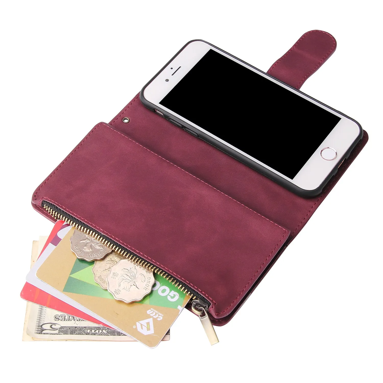 For iPhone 6 / 6S iPhone 6 plus / 6S plus iPhone 7 / 8 iPhone 7 plus / 8 plus Smart Phone Cover Coin Pocket with Cards Bracket Zipper Phone PU Leather Case Phone Cover  iPhone 7 / 8