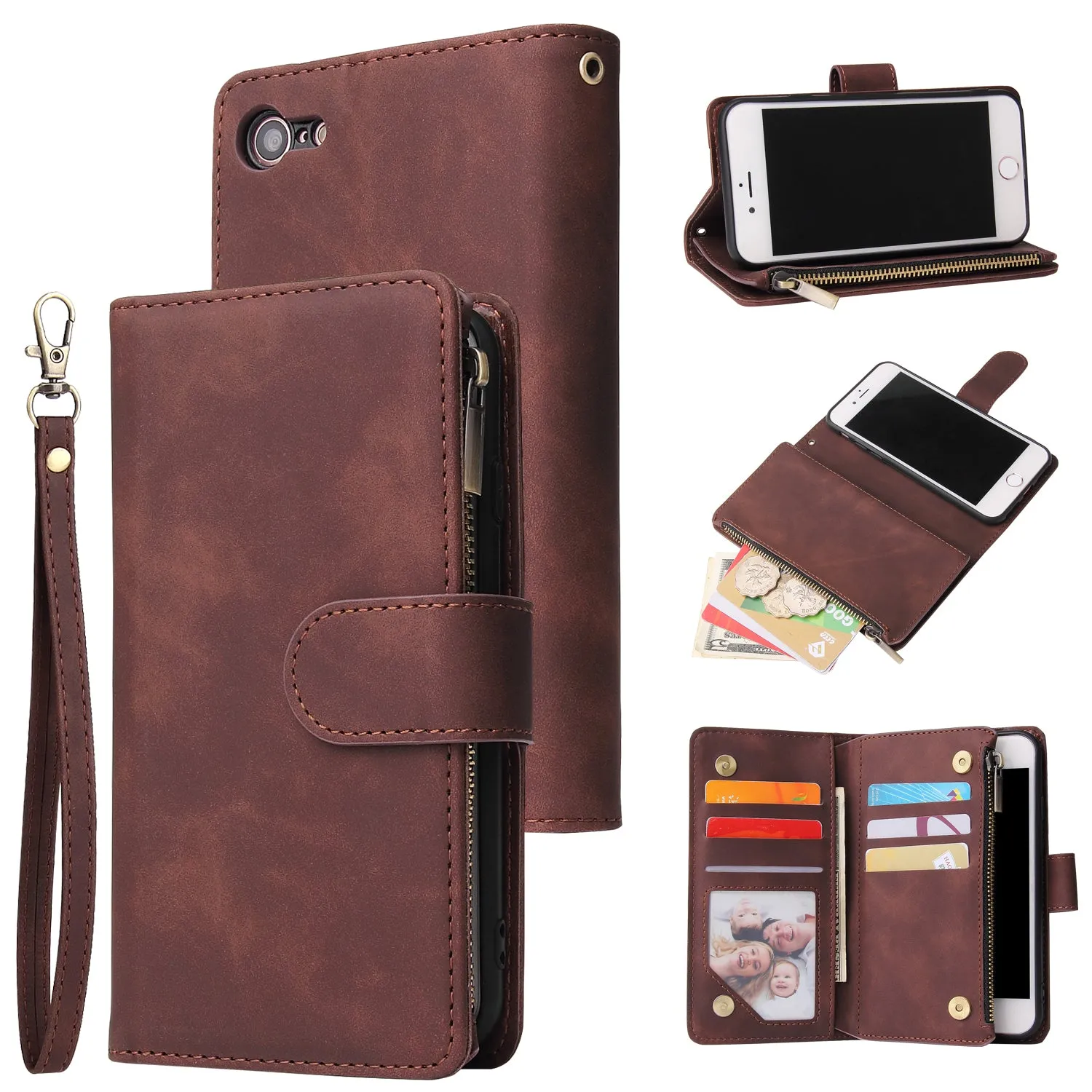 For iPhone 6 / 6S iPhone 6 plus / 6S plus iPhone 7 / 8 iPhone 7 plus / 8 plus Smart Phone Cover Coin Pocket with Cards Bracket Zipper Phone PU Leather Case Phone Cover  iPhone 7 / 8