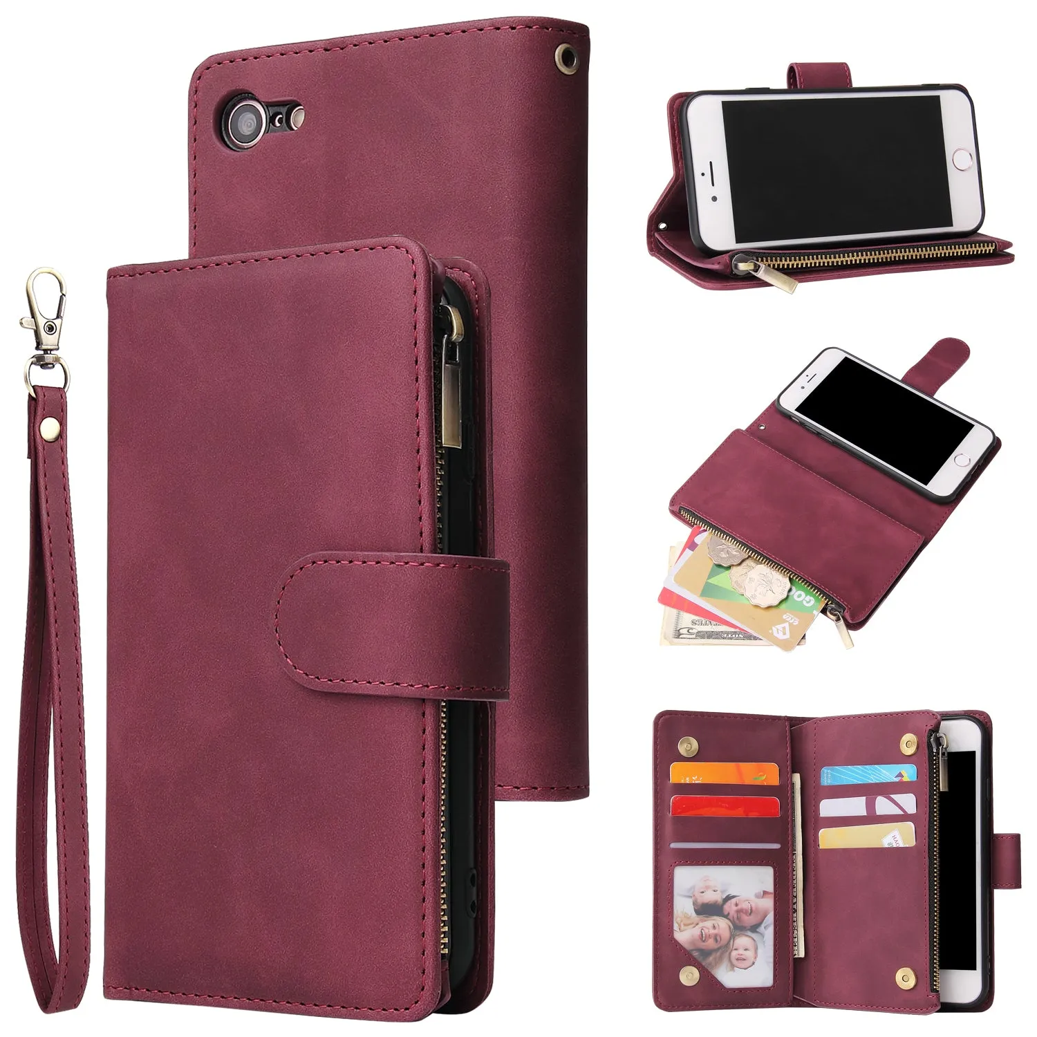For iPhone 6 / 6S iPhone 6 plus / 6S plus iPhone 7 / 8 iPhone 7 plus / 8 plus Smart Phone Cover Coin Pocket with Cards Bracket Zipper Phone PU Leather Case Phone Cover  iPhone 7 / 8