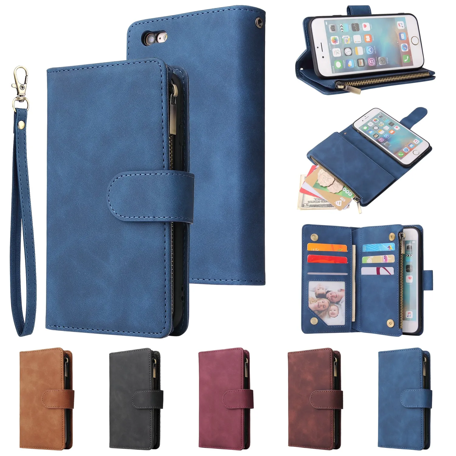For iPhone 6 / 6S iPhone 6 plus / 6S plus iPhone 7 / 8 iPhone 7 plus / 8 plus Smart Phone Cover Coin Pocket with Cards Bracket Zipper Phone PU Leather Case Phone Cover  iPhone 7 plus / 8 plus