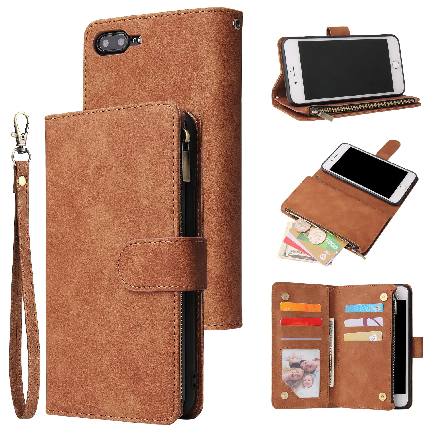 For iPhone 6 / 6S iPhone 6 plus / 6S plus iPhone 7 / 8 iPhone 7 plus / 8 plus Smart Phone Cover Coin Pocket with Cards Bracket Zipper Phone PU Leather Case Phone Cover  iPhone 7 plus / 8 plus