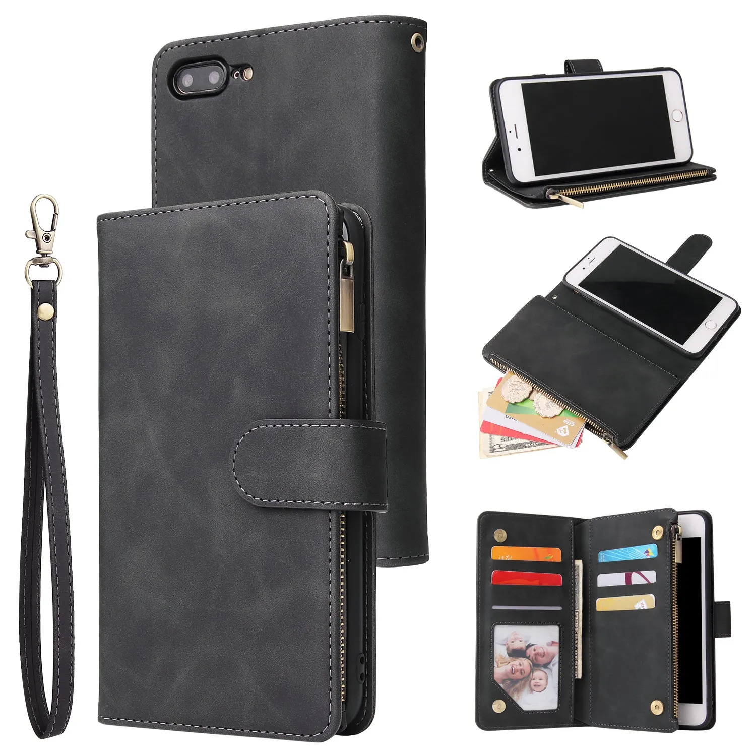 For iPhone 6 / 6S iPhone 6 plus / 6S plus iPhone 7 / 8 iPhone 7 plus / 8 plus Smart Phone Cover Coin Pocket with Cards Bracket Zipper Phone PU Leather Case Phone Cover  iPhone 7 plus / 8 plus