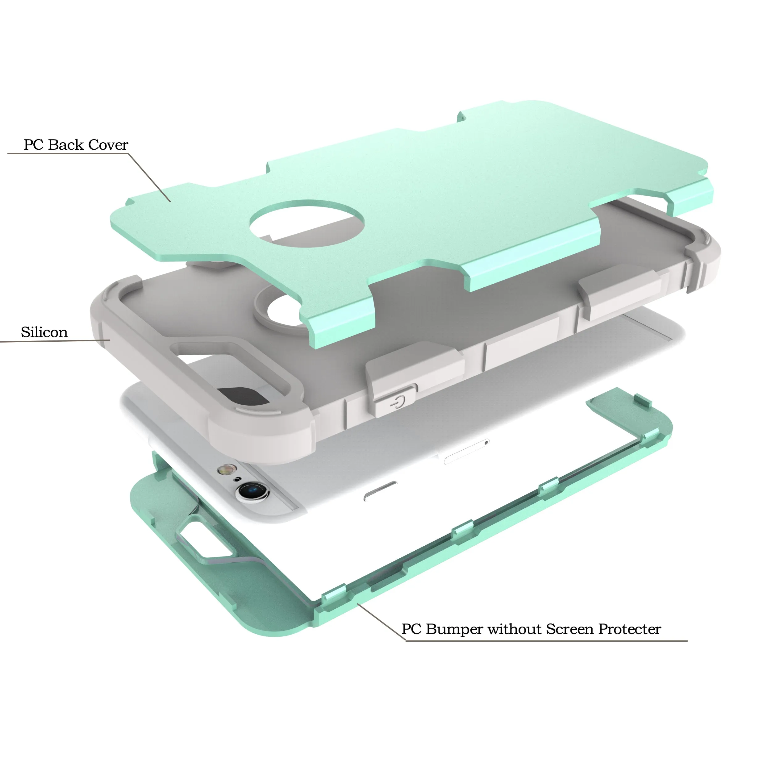 For iPhone 6 plus/6S plus PC  Silicone 2 in 1 Hit Color Tri-proof Shockproof Dustproof Anti-fall Protective Cover Back Case Mint green   gray