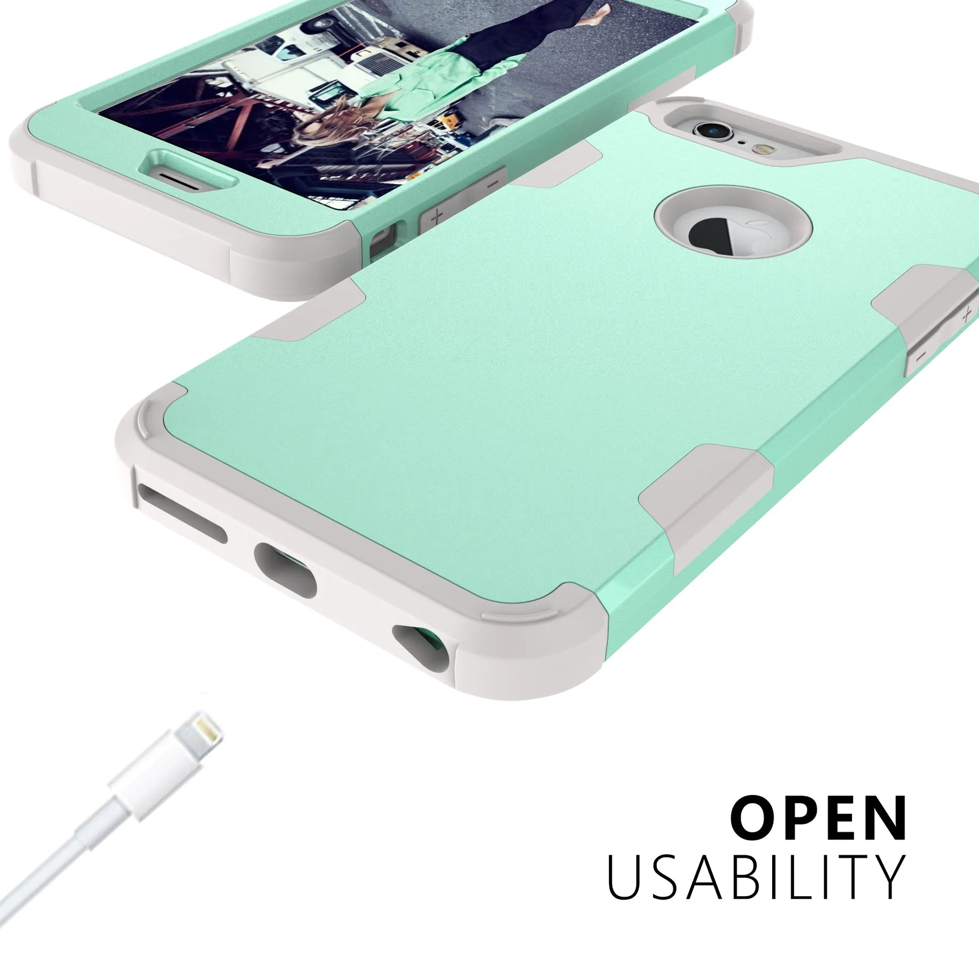 For iPhone 6 plus/6S plus PC  Silicone 2 in 1 Hit Color Tri-proof Shockproof Dustproof Anti-fall Protective Cover Back Case Mint green   gray