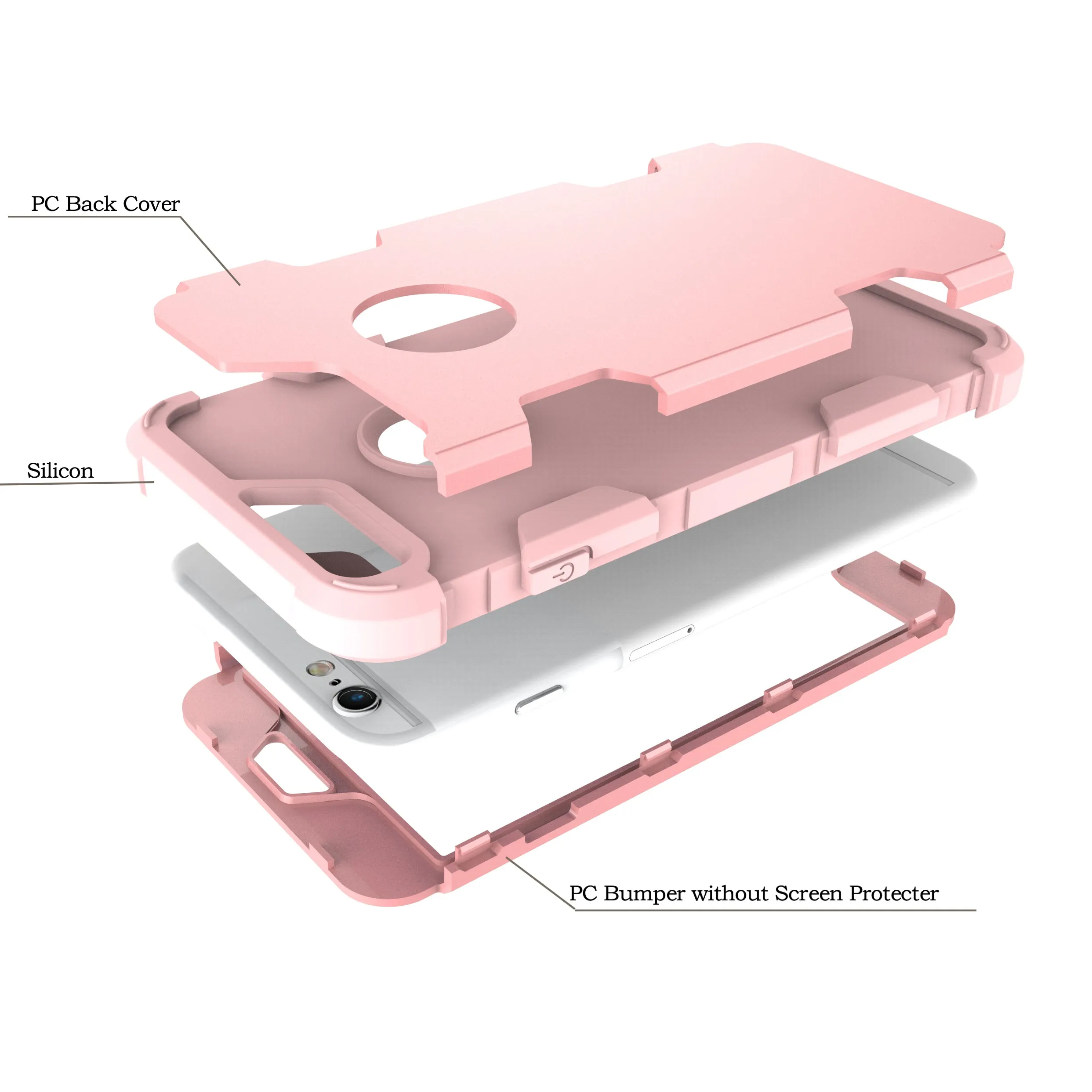 For iPhone 6 plus/6S plus PC  Silicone 2 in 1 Hit Color Tri-proof Shockproof Dustproof Anti-fall Protective Cover Back Case Rose gold